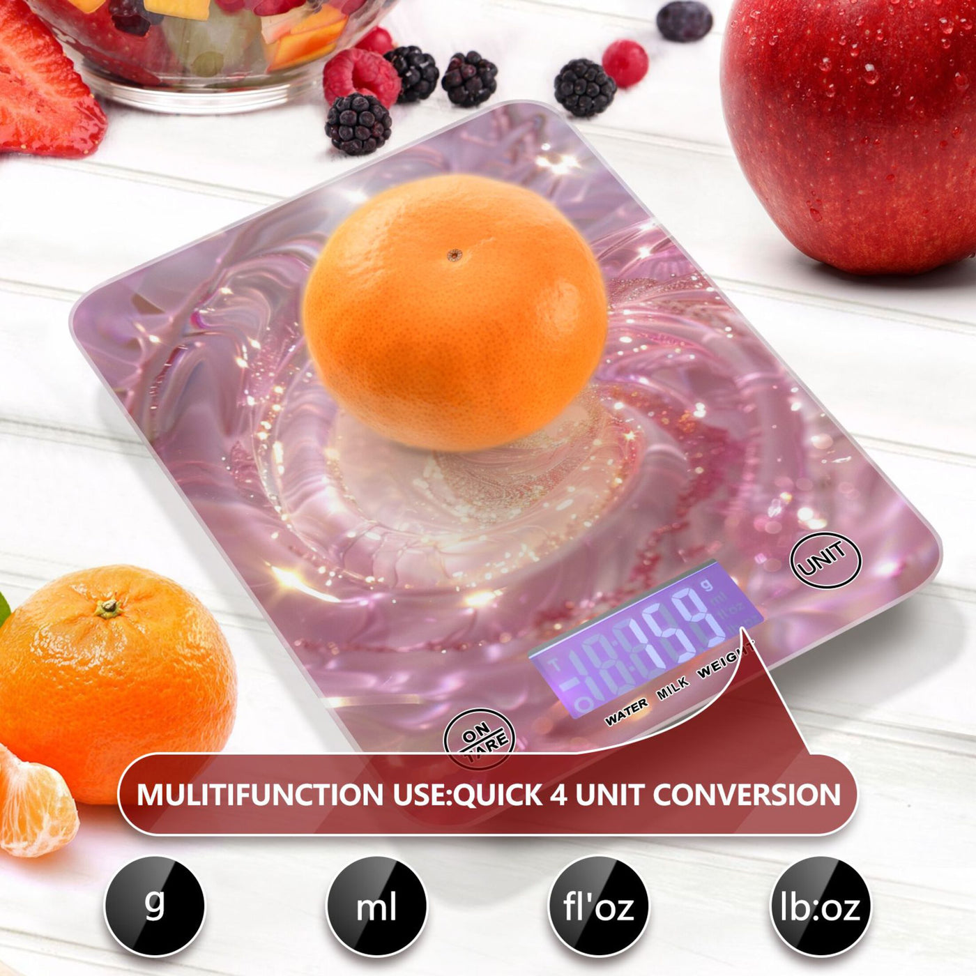 A Pink Spiral Food Scale Digital Kitchen Scale Waterproof Tempered Glass Tare Function 11 Lb for Baking Cooking Meal Prep