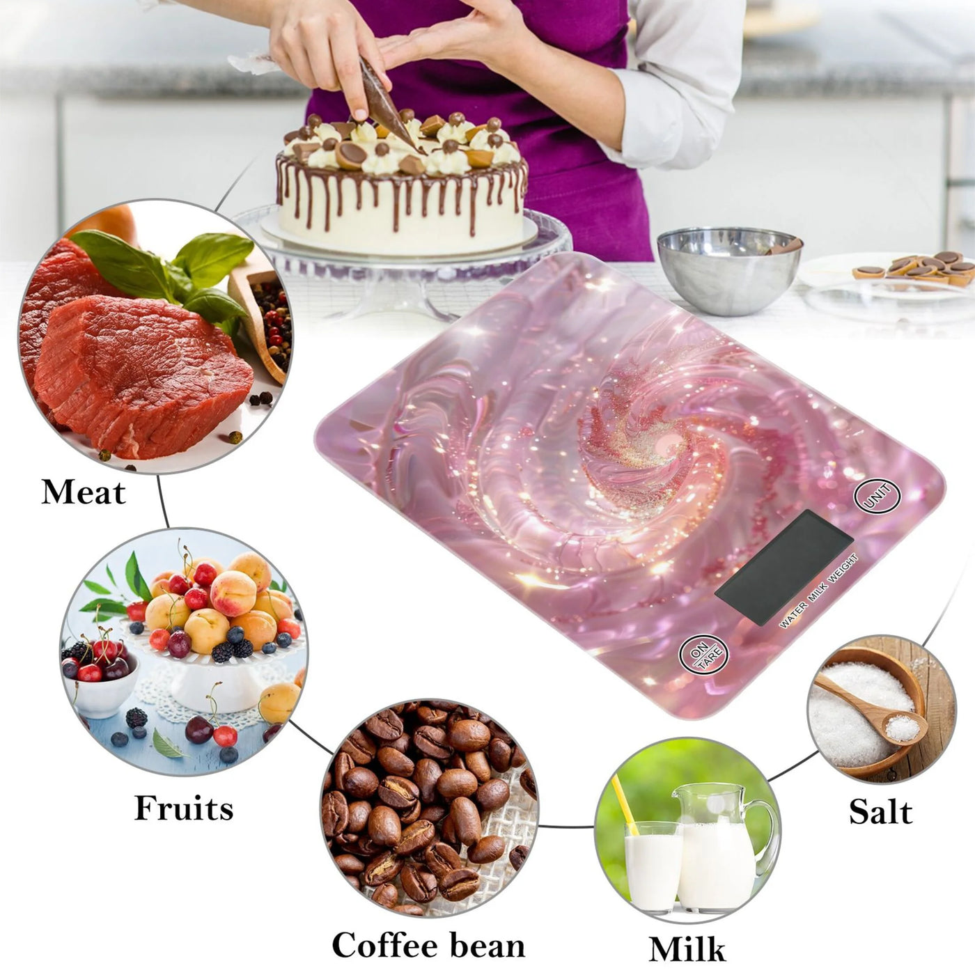 A Pink Spiral Food Scale Digital Kitchen Scale Waterproof Tempered Glass Tare Function 11 Lb for Baking Cooking Meal Prep