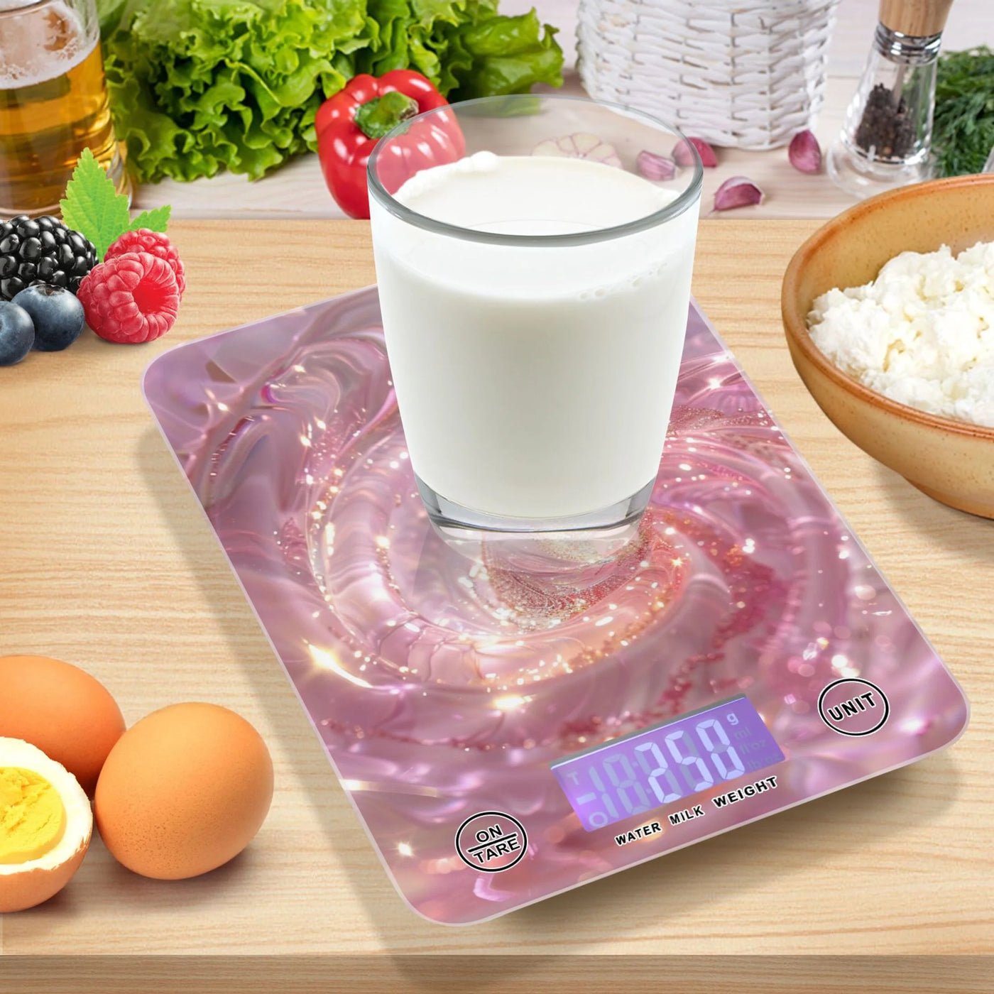 A Pink Spiral Food Scale Digital Kitchen Scale Waterproof Tempered Glass Tare Function 11 Lb for Baking Cooking Meal Prep