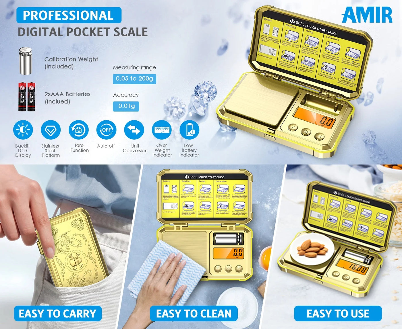 Digital Scale, Amir Digital Pocket Scale 200g/0.01g High-precision Scale with 50g Calibration 6 Units LCD Display Tare Function Gram Scale for Kitchen