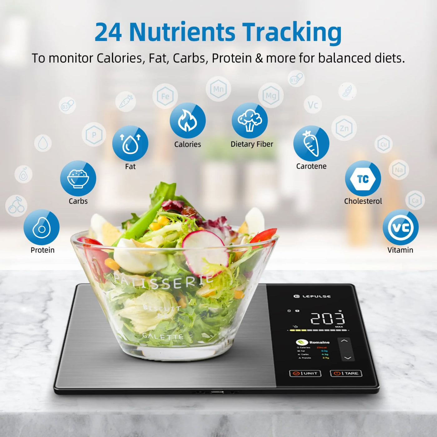 Food Scale with Nutritional Calculator, Smart Digital Kitchen Scale for Weight Loss, App with 23 Nutrients Tracking, Calorie, Fat, Carbs