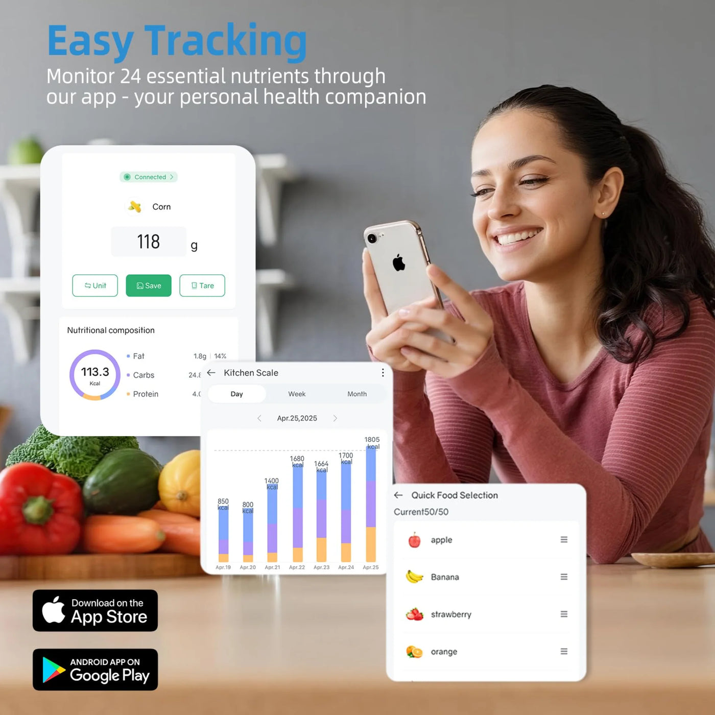 Food Scale with Nutritional Calculator, Smart Digital Kitchen Scale for Weight Loss, App with 23 Nutrients Tracking, Calorie, Fat, Carbs