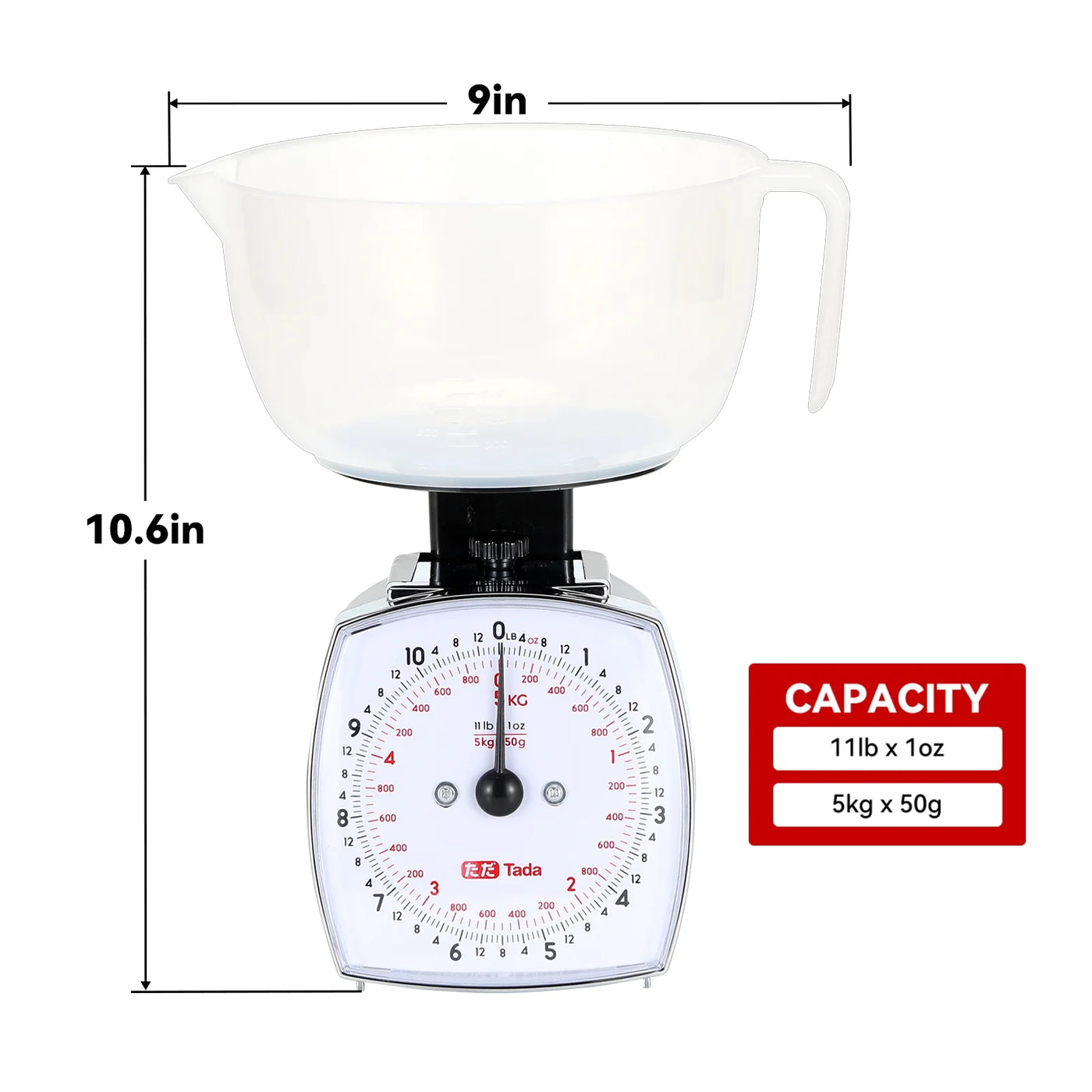 11lb Analog Food Scale Mechanical Dial Kitchen Scale, Removable Measuring Cup, Tare Function, Kitchen Friendly