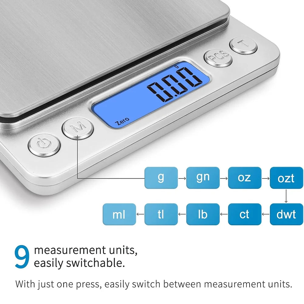 Digital Gram Scale with 2 Trays, 2000g/ 0.1g Small Jewelry Scale, 9 Units Gram Scales Digital Weight Gram and Oz, Tare Function