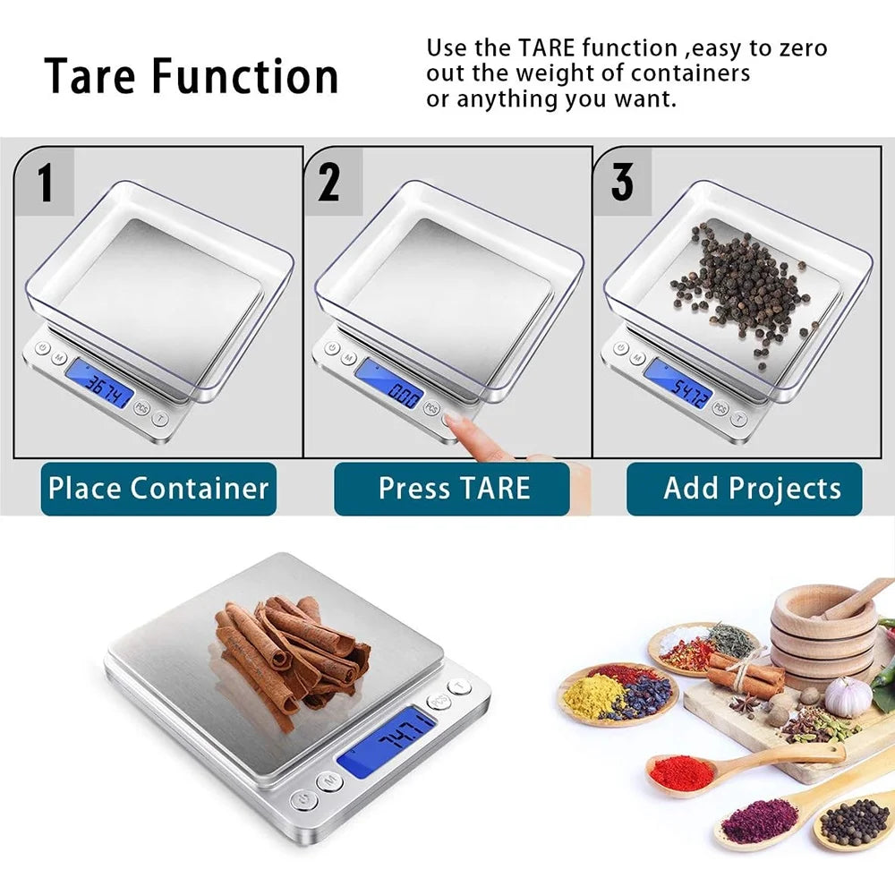Digital Gram Scale with 2 Trays, 2000g/ 0.1g Small Jewelry Scale, 9 Units Gram Scales Digital Weight Gram and Oz, Tare Function