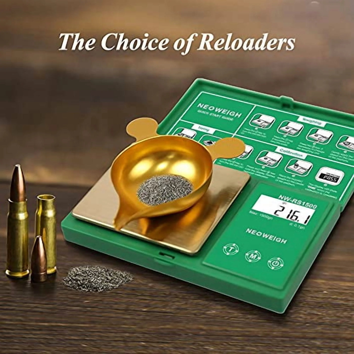 Digital Reloading Powder Scale, 1500 Grains/0.1gn and 100g/0.01g, Metal Pan, Scoop, 50g Cal Weight (batteries Included)