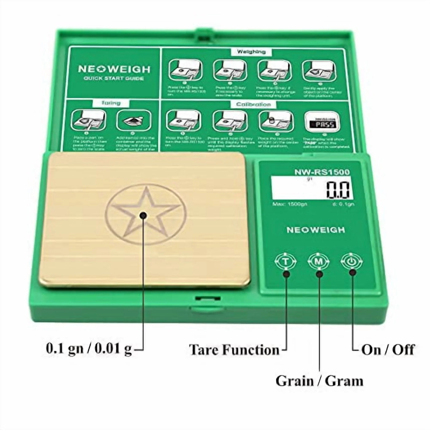 Digital Reloading Powder Scale, 1500 Grains/0.1gn and 100g/0.01g, Metal Pan, Scoop, 50g Cal Weight (batteries Included)