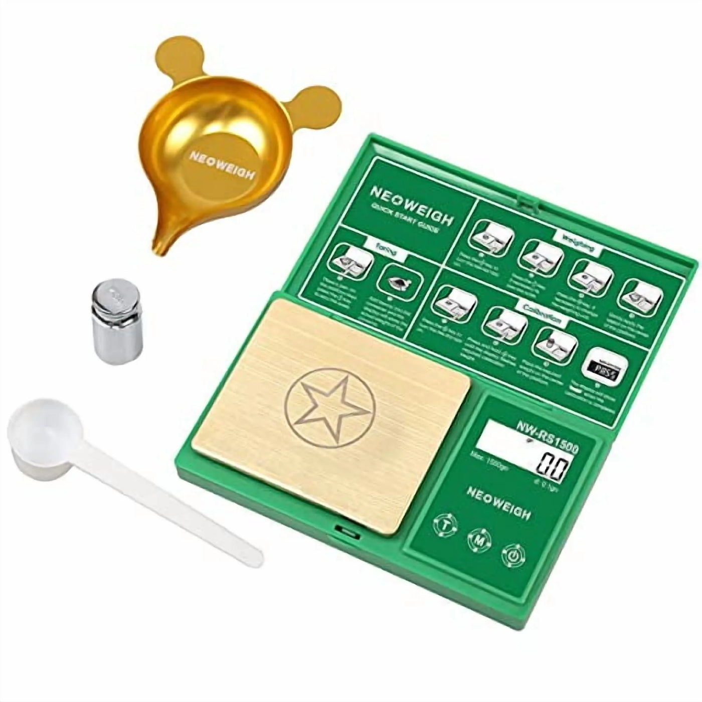 Digital Reloading Powder Scale, 1500 Grains/0.1gn and 100g/0.01g, Metal Pan, Scoop, 50g Cal Weight (batteries Included)