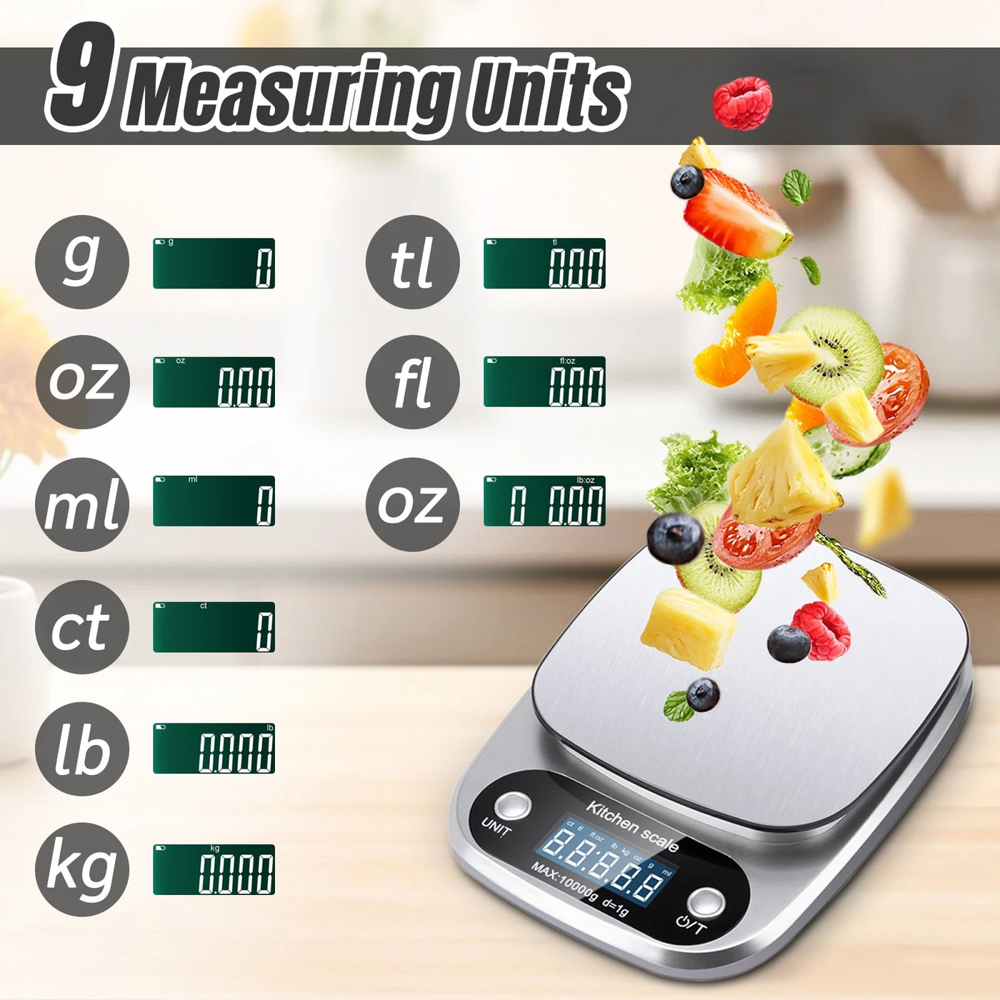 Food Scale, 22 Lb Digital Kitchen Scales, Weight Ounces and Grams for Cooking and Baking, 9 Units with Tare Function, LCD Display
