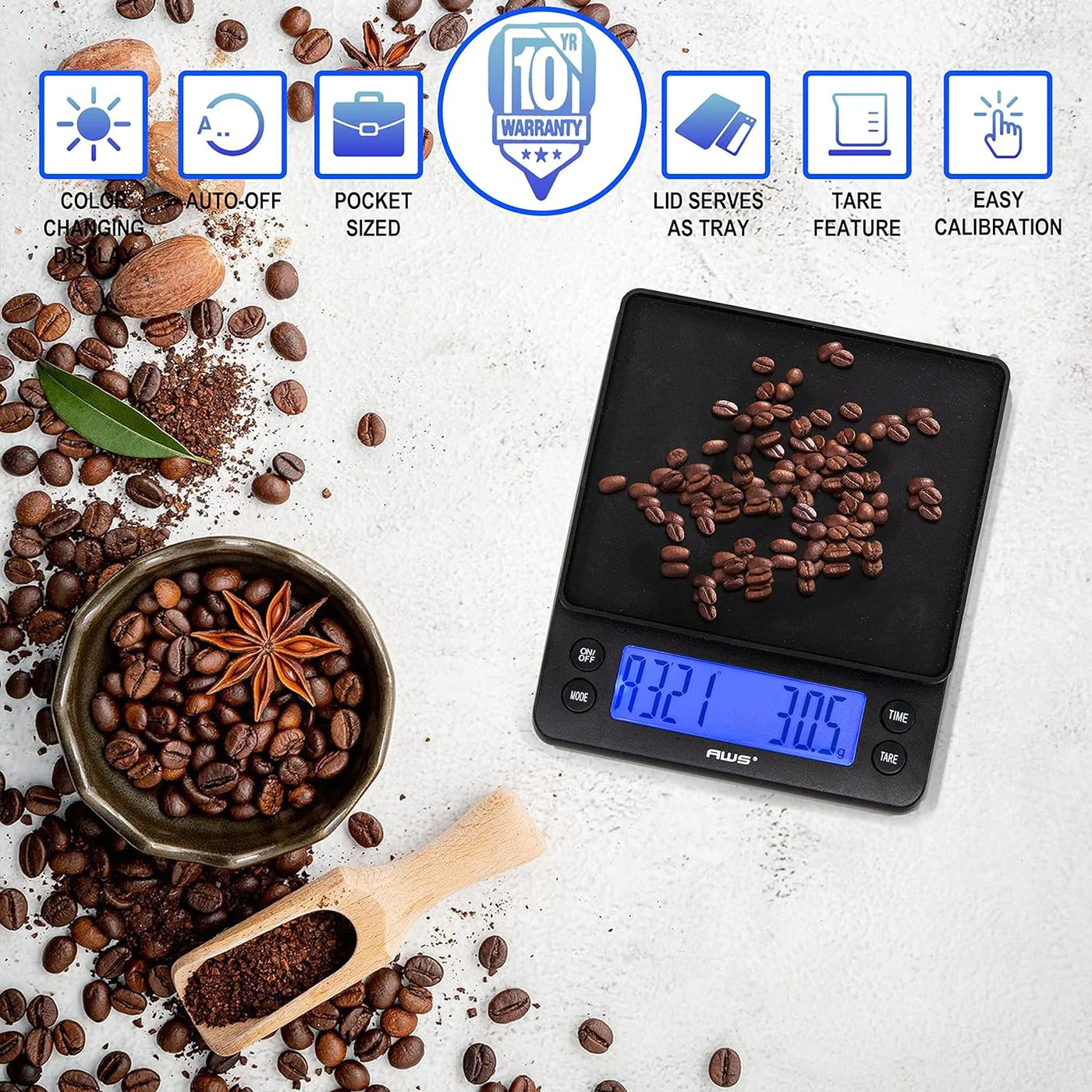 Digital Coffee Scale with Back-lit Lcd, 3000g, for Accurate Kitchen, Food and Portion Weighing, Durable Design for Daily Home Use