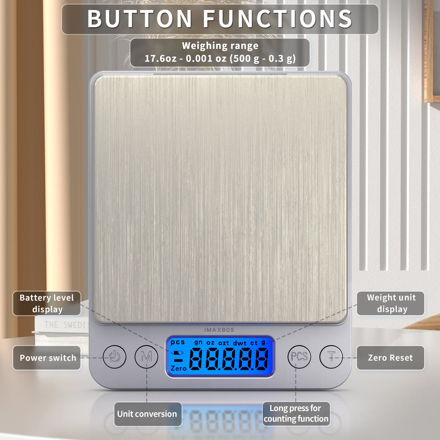 High Precision Digital Kitchen Scale, 6.6lb/3000g Jewelry Scale, Stainless Steel, Backlit Lcd, for Accurate Kitchen, Food and Portion Weighing