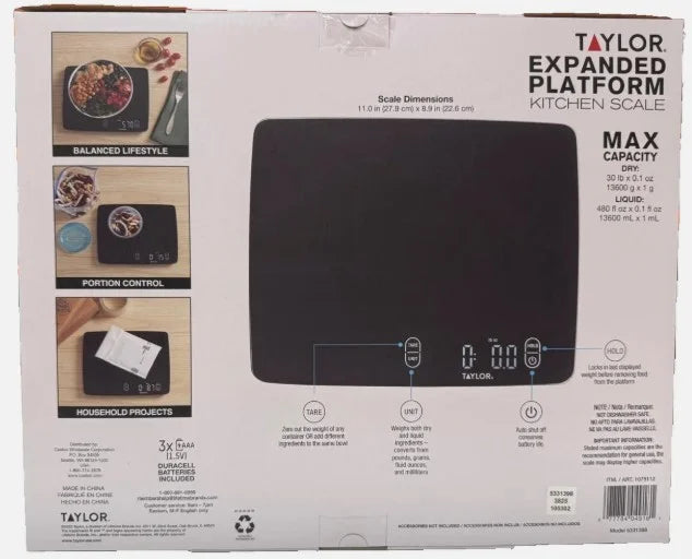 Expanded Platform Digital Kitchen Scale, Waterproof, 30 Lb Capacity, Black, for Accurate Kitchen, Food and Portion Weighing