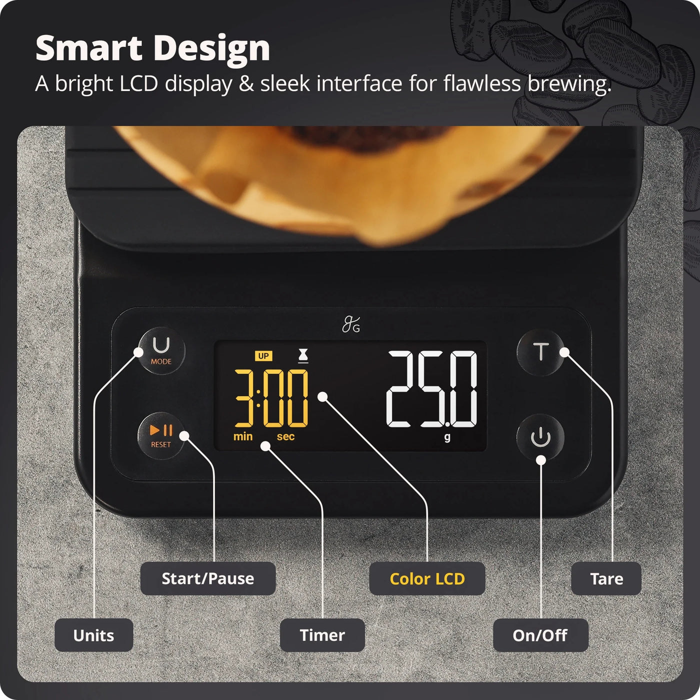 Greater Goods Coffee Scale with Timer, 0.1g Precision, 3kg Capacity, 6-Unit Digital Espresso and Pour-over Scale, Silicone Waterproof Cover