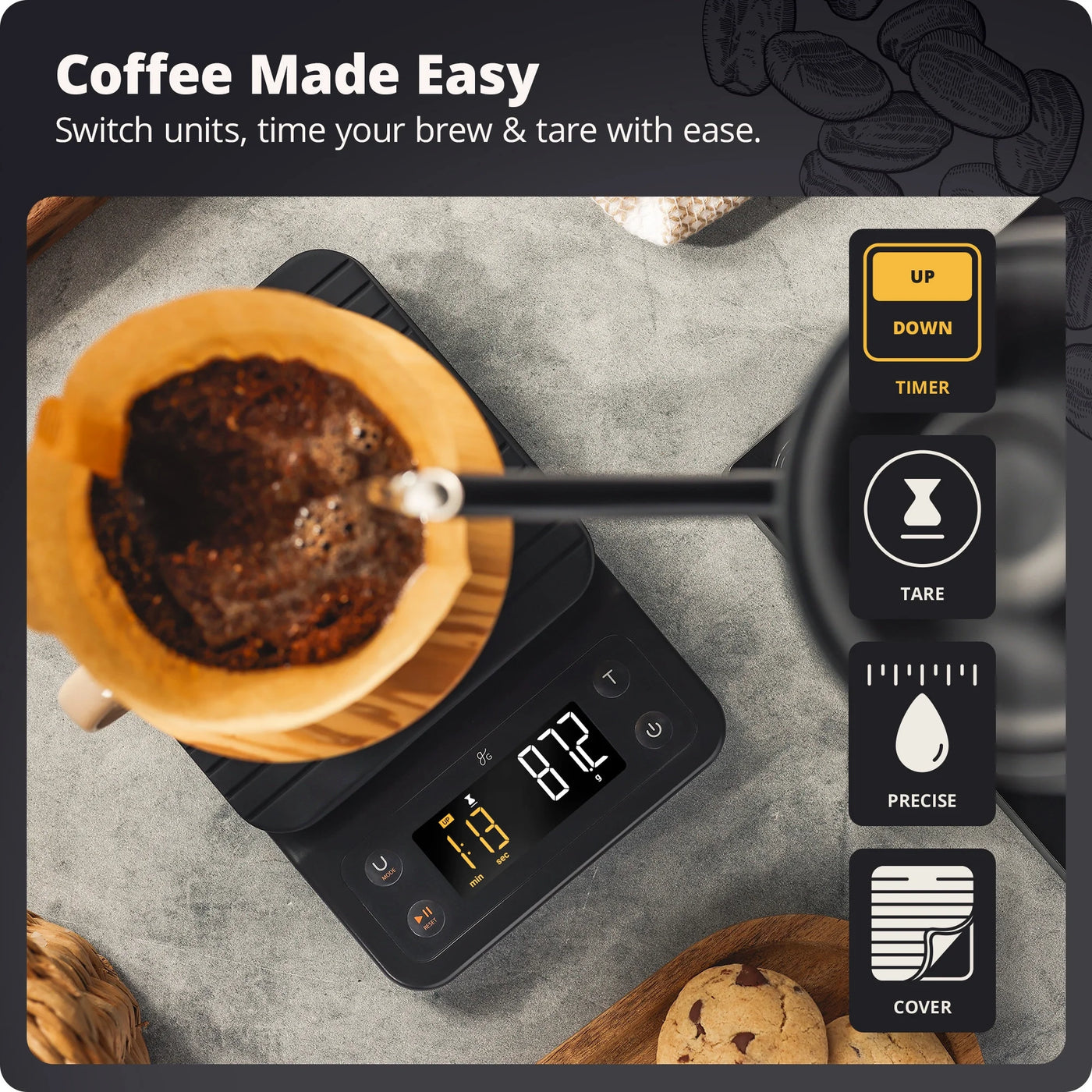 Greater Goods Coffee Scale with Timer, 0.1g Precision, 3kg Capacity, 6-Unit Digital Espresso and Pour-over Scale, Silicone Waterproof Cover