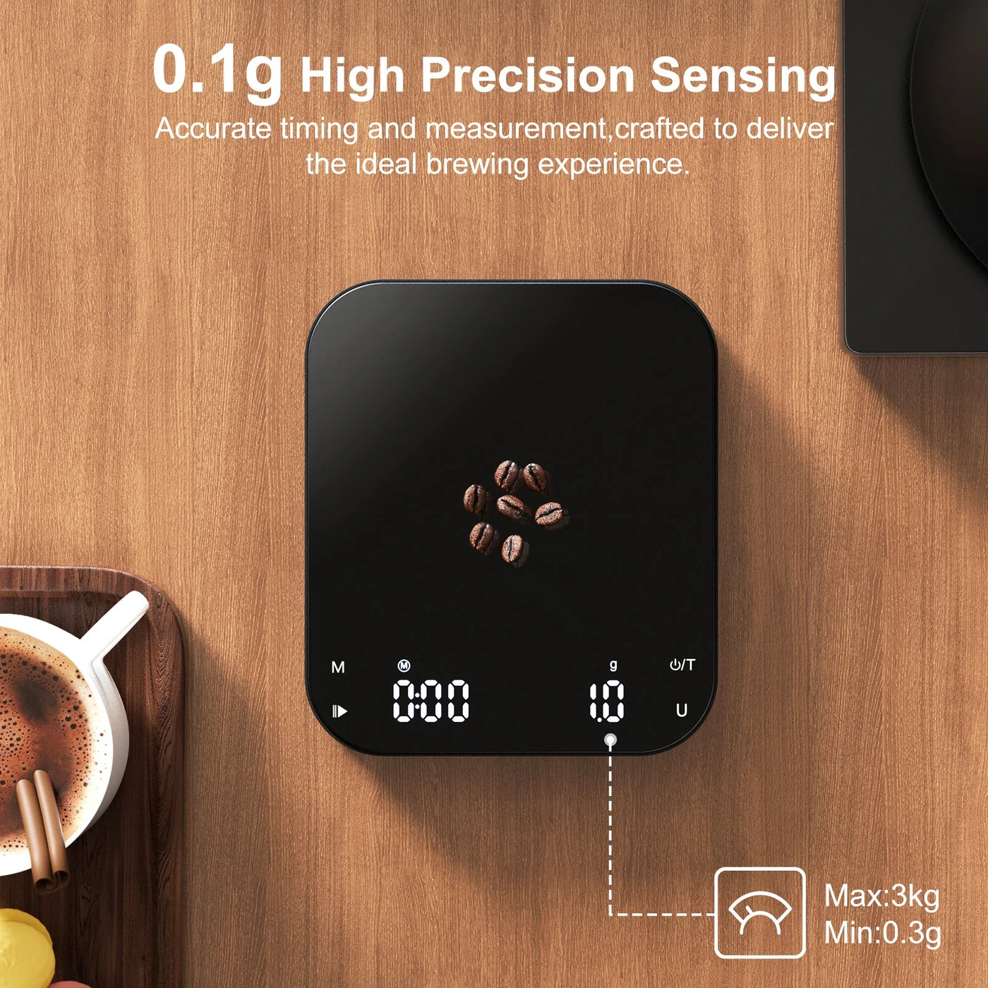 Coffee Scale with Timer, 0.1g/3kg Precision Rechargeable Digital Espresso Scale with LCD Display, Coffee Bean Weighing, Removable Waterproof Cover