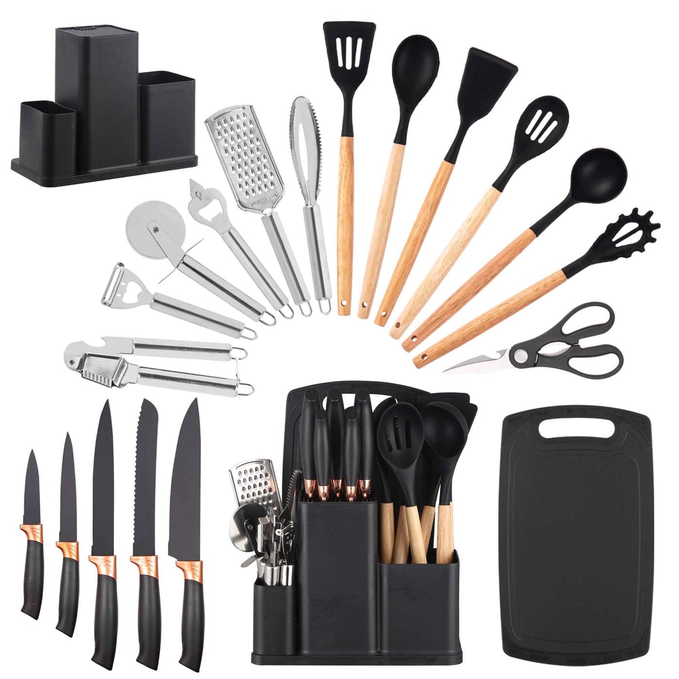 20-Piece Silicone Stainless Steel Cooking Utensils Set -multifunctional Kitchen Utensil Set, Black, for Cooking, Mixing, Serving and Nonstick Cookware