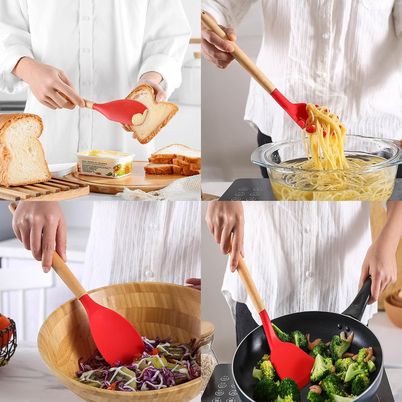 12-Piece Silicone Cooking Utensils Set with Wooden Handles, Heat Resistant Nonstick Kitchen Gadgets, Red