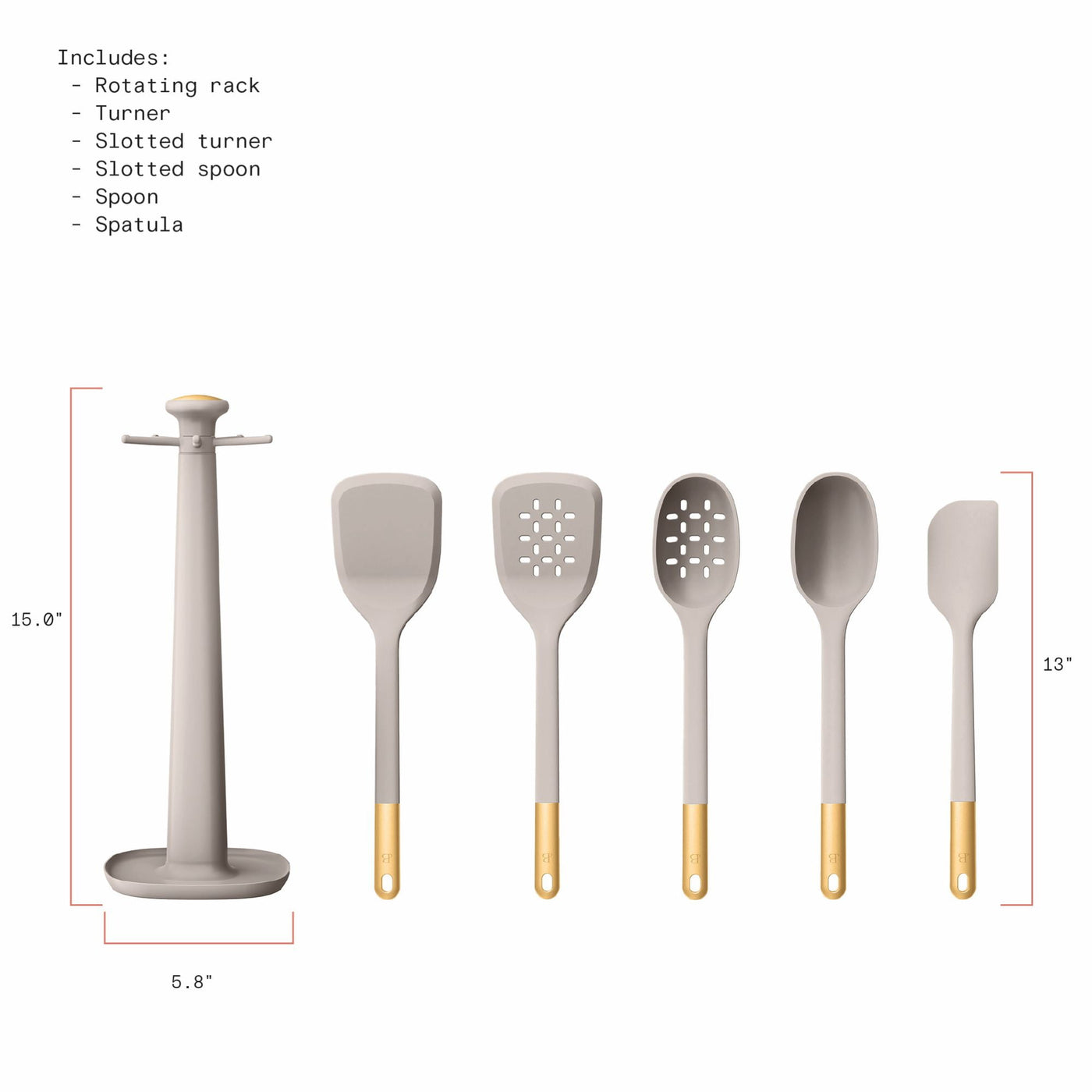 Beautiful 6-Piece Silicone Kitchen Utensil Tool Set with Rotating Rack By, Porcini Taupe, for Cooking, Mixing, Serving and Nonstick Cookware