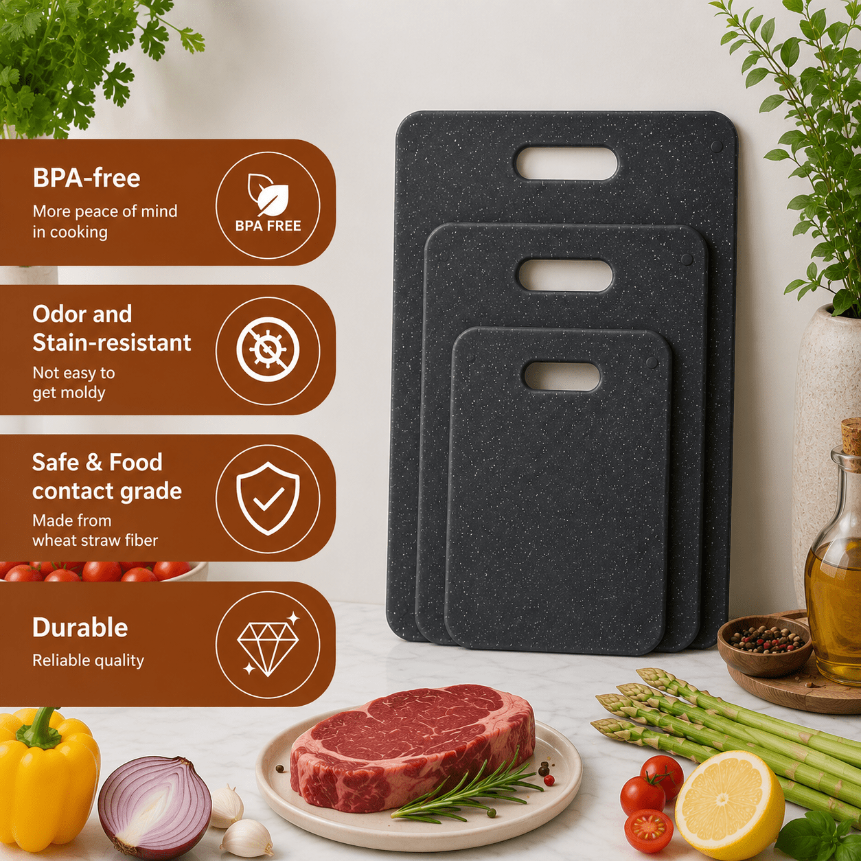 Large Cutting Boards, 3-Piece Plastic Cutting Boards for Kitchen, Thickened Chopping Boards, Dishwasher Safe, Heavy-duty Prep Boards for Meat, Veggies
