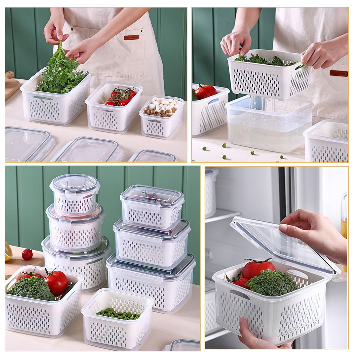 5-Pack Large Airtight Fruit Containers for Fridge, with 20-Piece Fresh-keeping Bags, Leakproof Food Storage Containers with Removable Colander