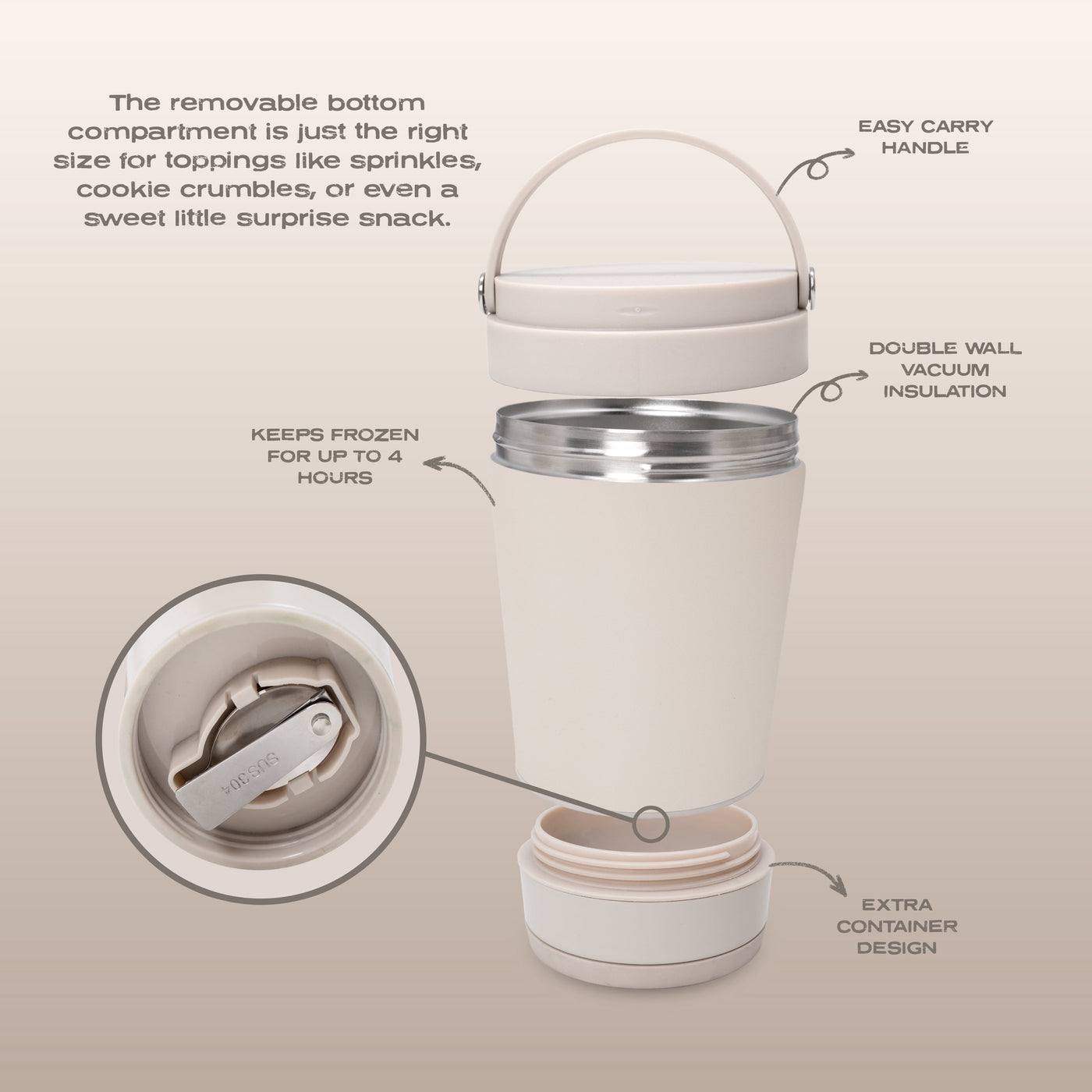 Cook with Color Insulated Ice Cream Holder or Soup Container with Toppings Compartment and Spoon, Taupe, Made for Portable Food Storage