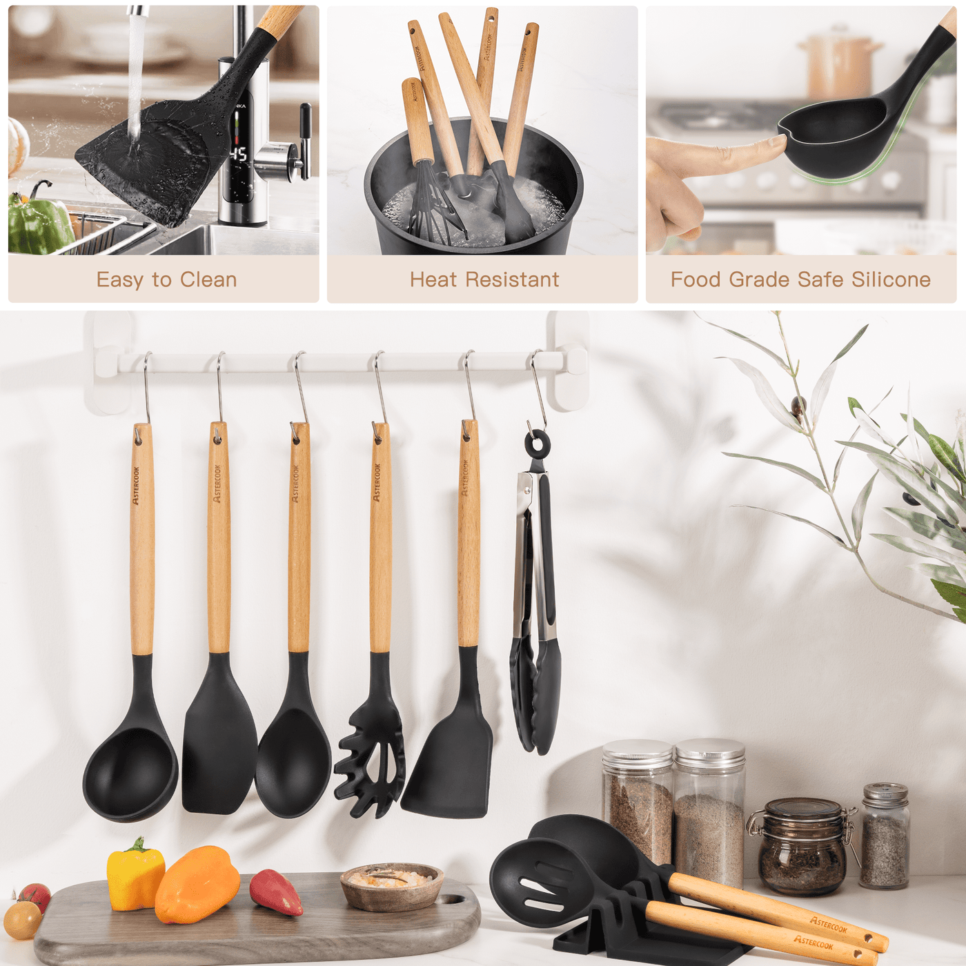 Silicone Cooking Utensils Set, 38-Piece Kitchen Utensils Set for 446°F Heat Resistant, Food Grade Utensil Sets with Wooden Handle