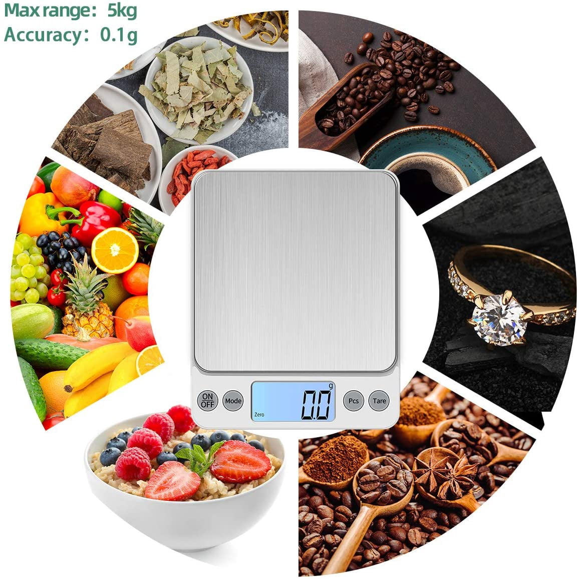 Digital Food Scale, 3000g/0.1g Digital Scale, Gram Scale with 2 Trays for Cooking and Baking, Coffee Scale with Back-lit LCD Display 6 Units, Auto Off