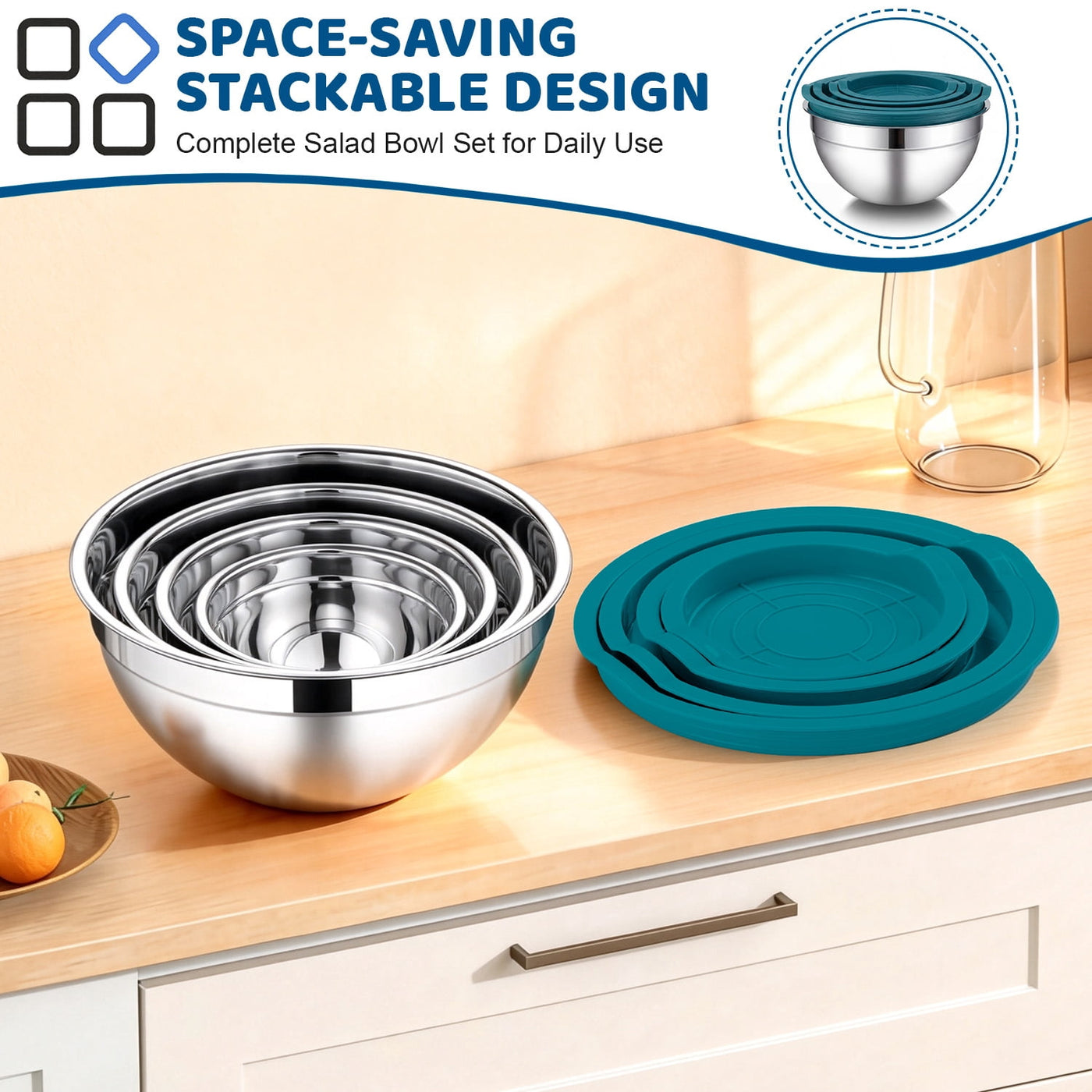 Mixing Bowls with Lid Set of 4, Stainless Steel Nesting Metal Bowls for Kitchen Storage, Ideal for Preparing Cooking Serving Freezing