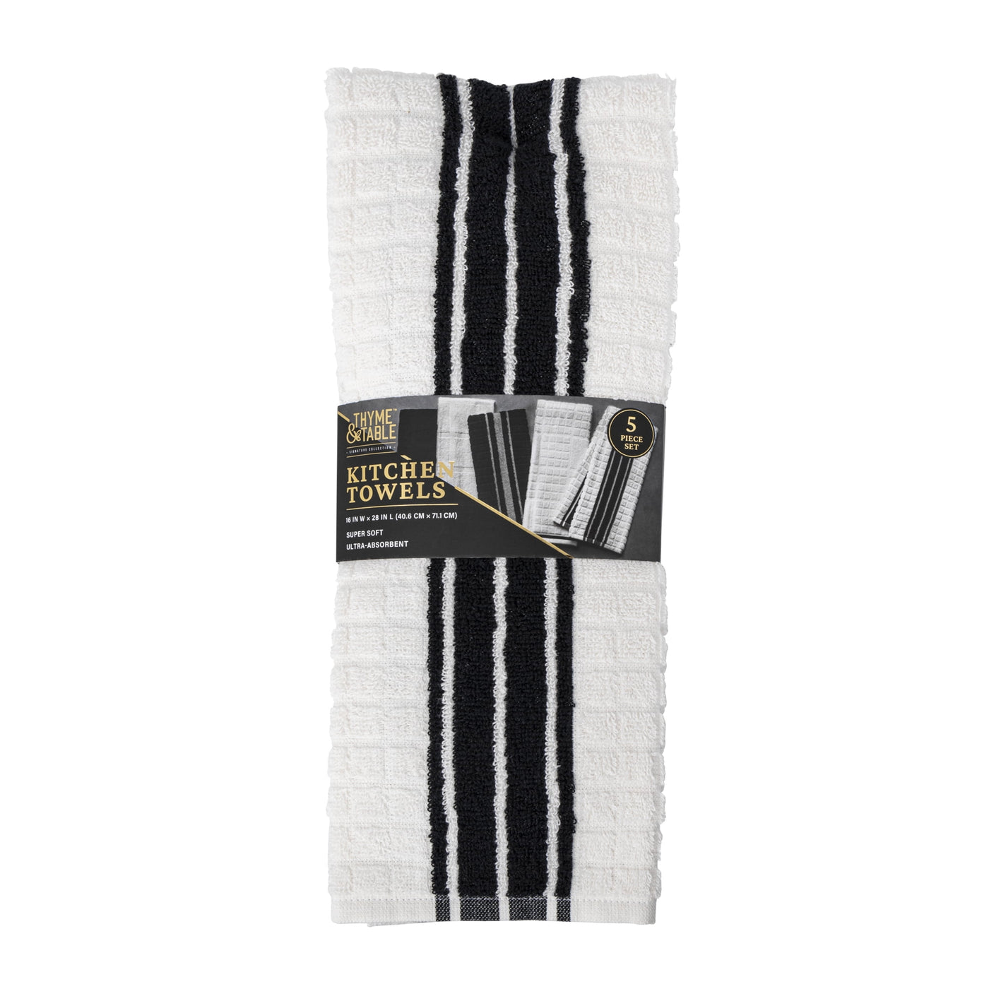 Kitchen Towels, White and Black, 5-Pack Set, for Drying Dishes, Wiping Counters and Everyday Kitchen Cleaning