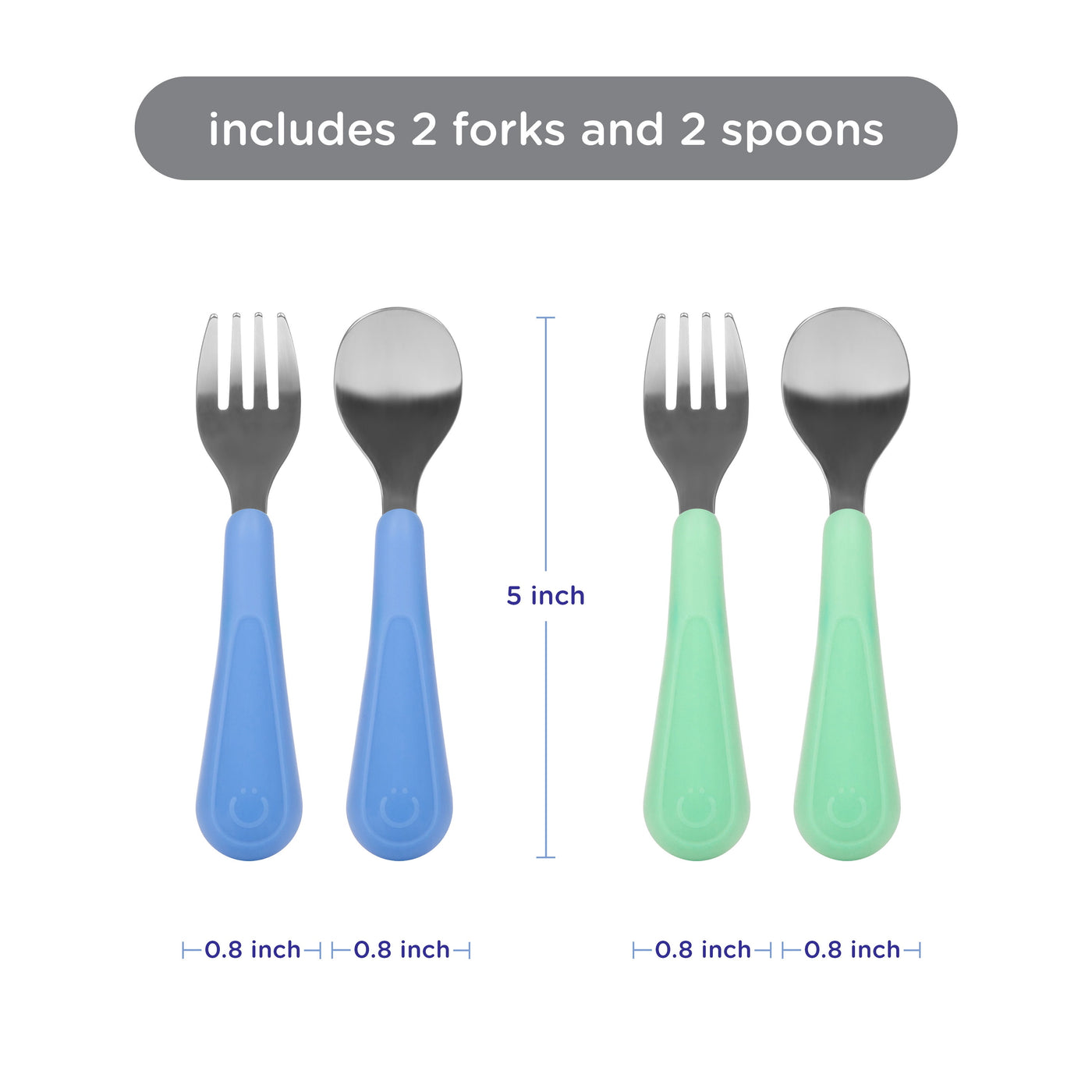 Stainless Steel Toddler Utensil Set, Includes 2 Forks and 2 Spoons, Polaris Blue and Sugar Snap Green, 4-Pack, Food Grade Silicone
