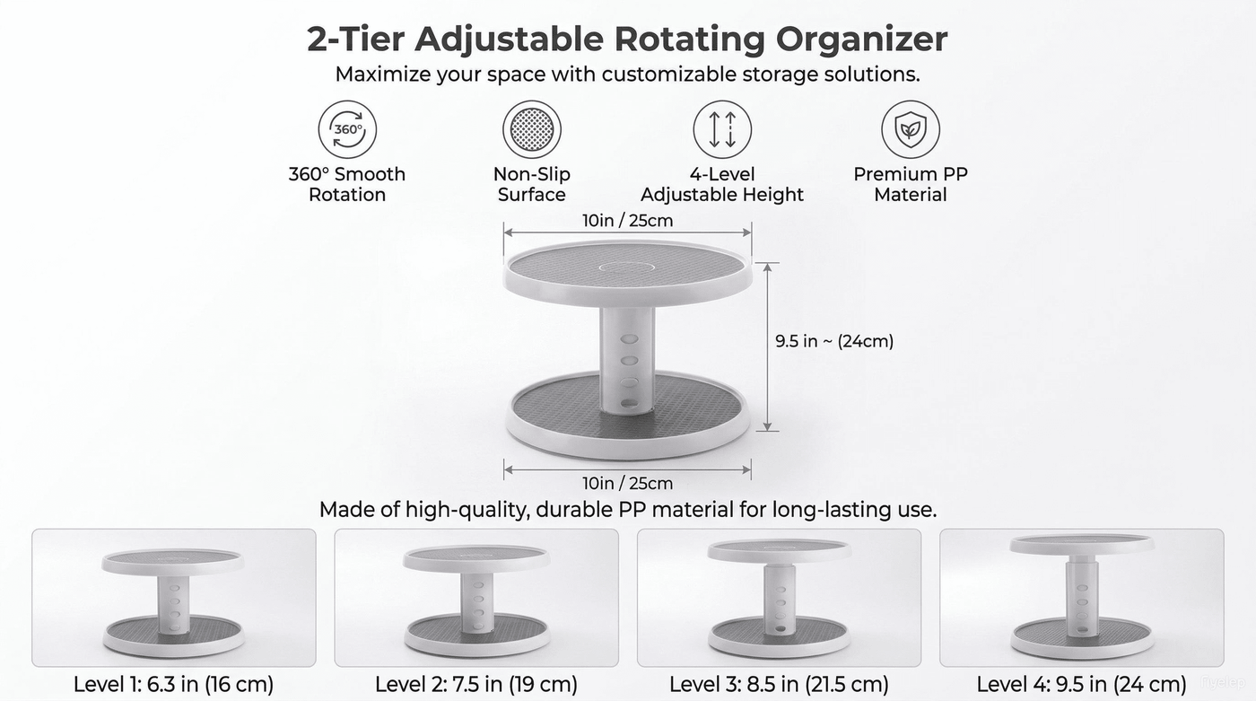 2 Tier Lazy Susan Turntable Organizer 10'' Rotating Spice Rack Organization for Cabinet, Kitchen, Pantry, Countertop, Bathroom, Vanity