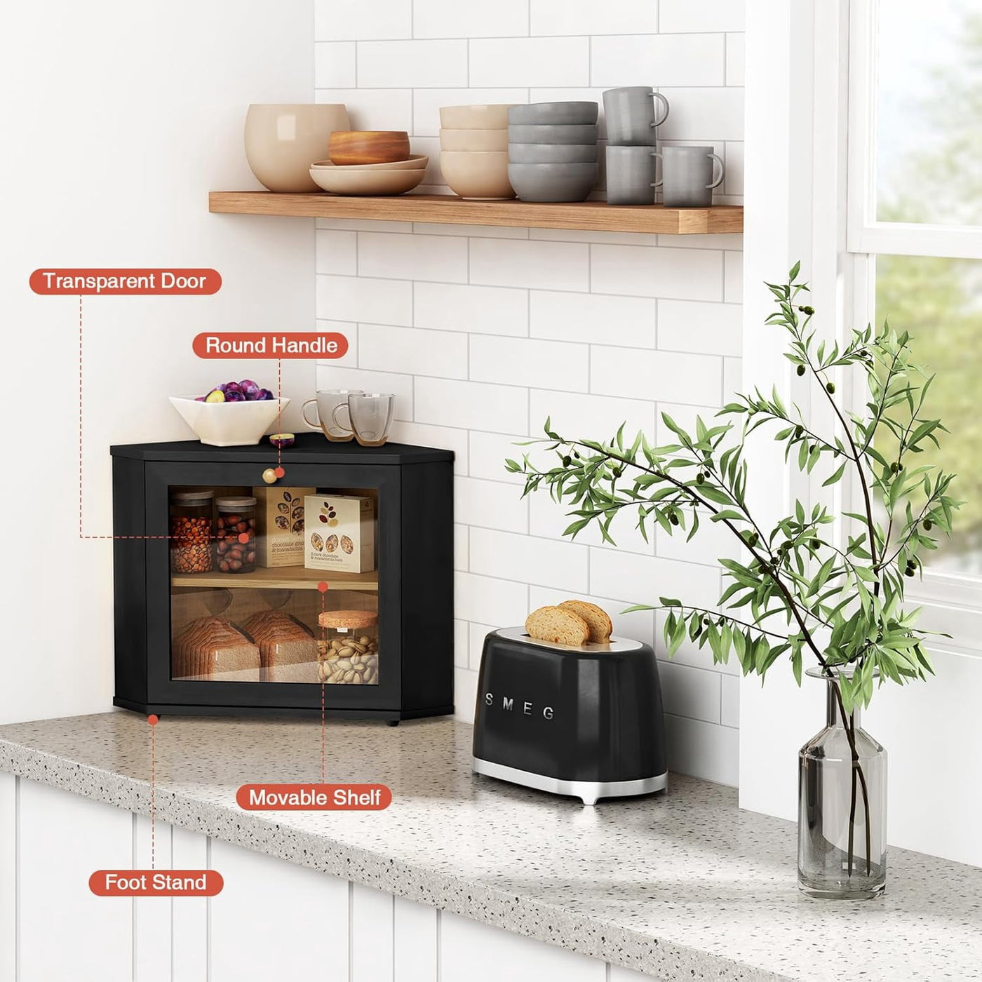 Corner Bread Box for Kitchen Countertop, Taimasi 2 Tier Bread Storage Container, Large Breadbox Under Cabinet Organizer for Homemade Bread, Black
