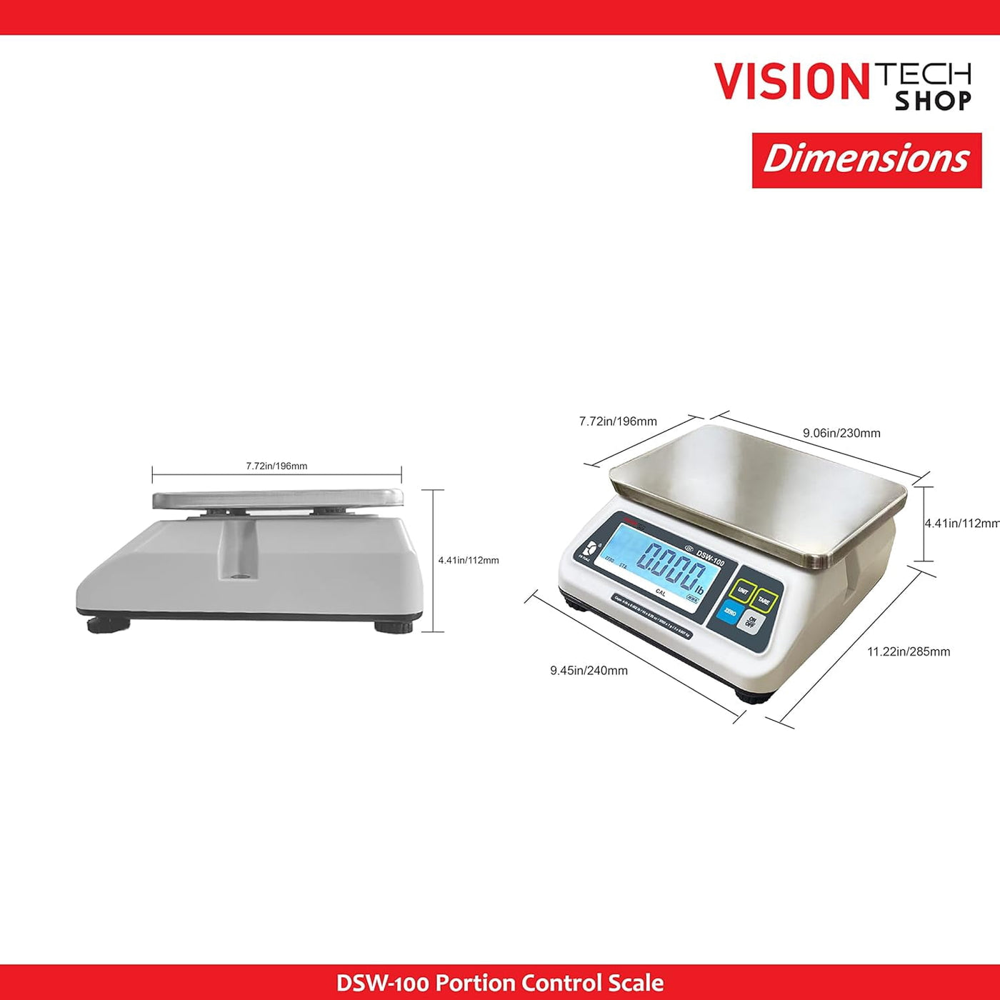 Dsw-100 Portion Food Scale with Single LCD Display, Stainless Steel Platter, 60lb Capacity, 0.02lb Readability, Lb/Oz/Kg/g Switchable