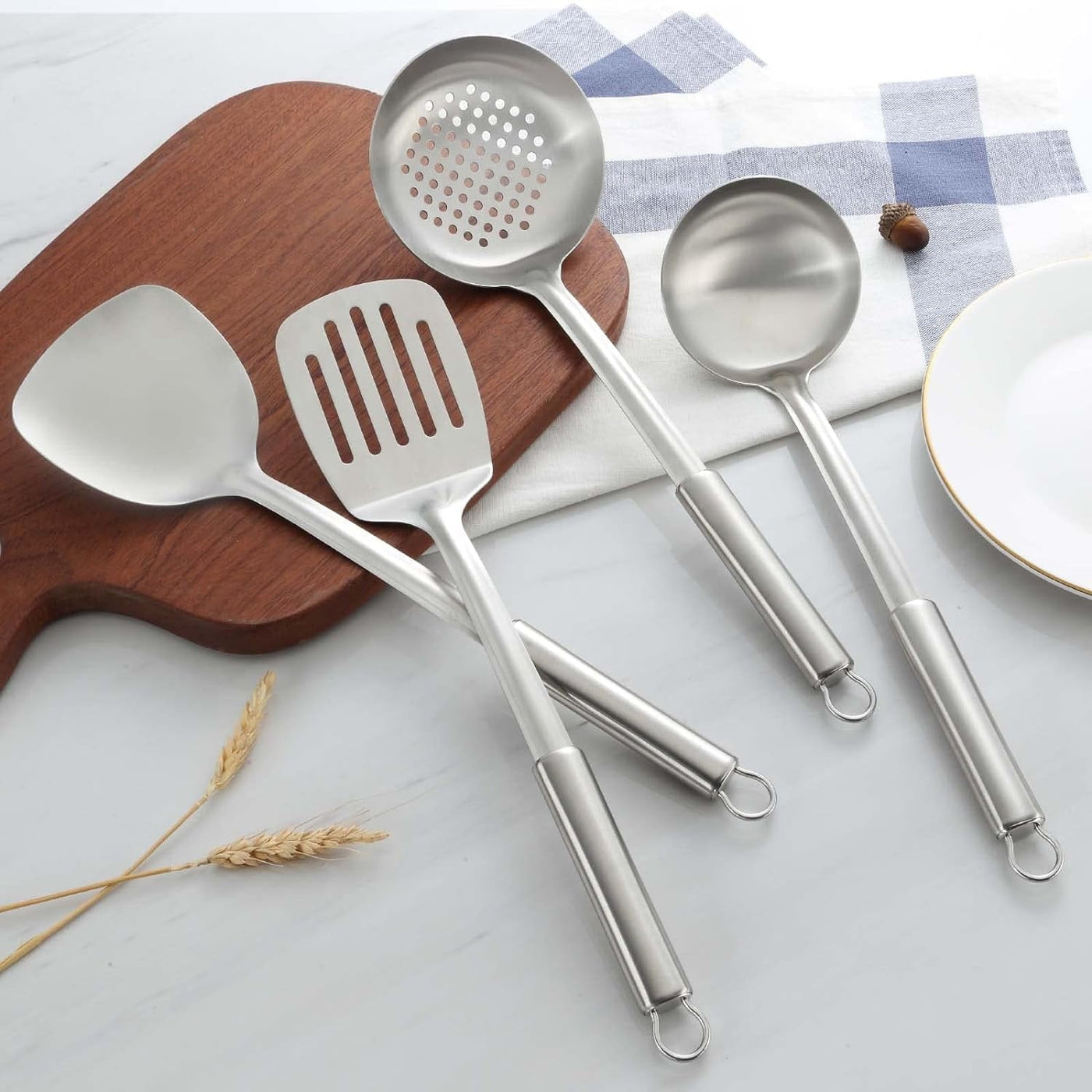 4-Piece Cooking Utensils Set, 304 Stainless Steel Kitchen Utensils, Include Wok Ladle, Slotted Spoon, Wok Spatula and Slotted Spatula, Dishwasher Safe