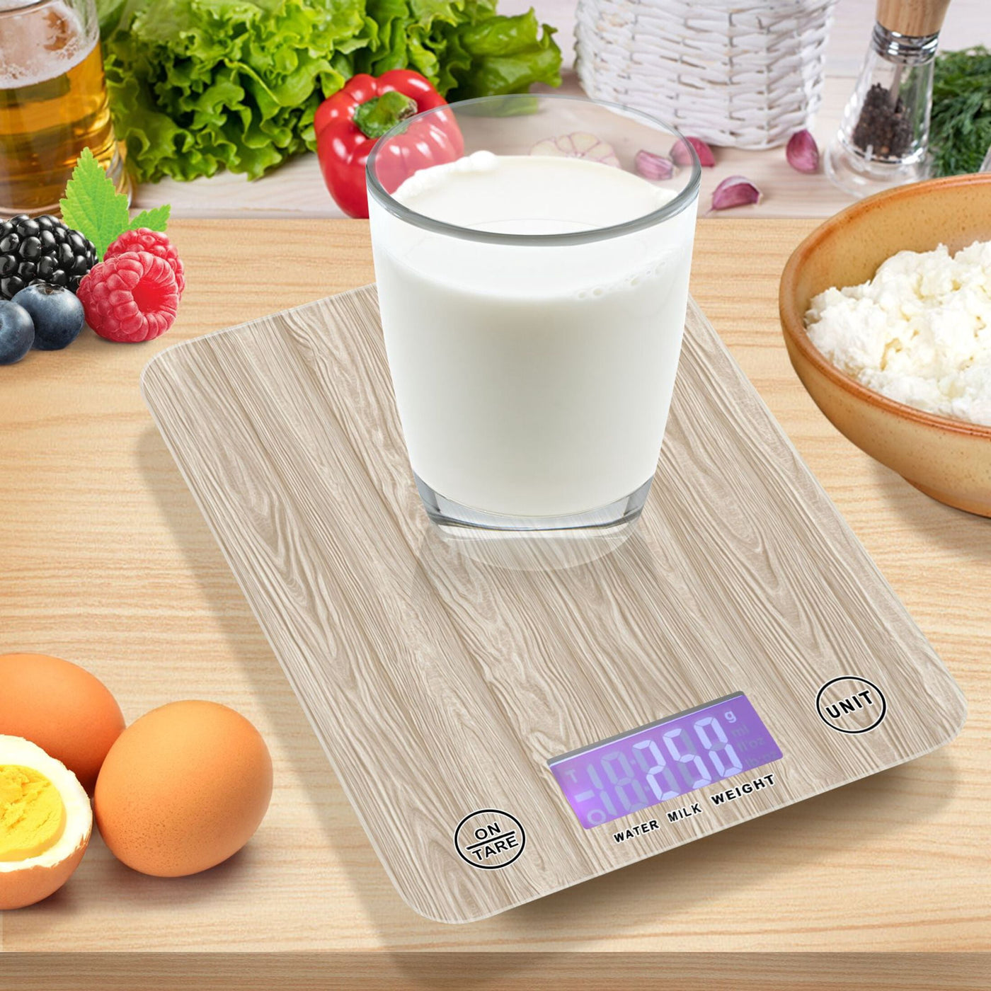 High Precision Digital Kitchen Scale Tempered Glass Food Scale Multifunction Scale Small Kitchen Appliances Beige Wood Grain Pattern