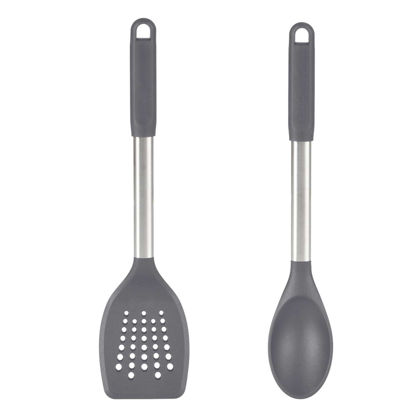 2-Piece Turner and Spoon Set for Kitchen Cooking, Stainless Steel with Nylon Heads, for Cooking, Mixing, Serving and Nonstick Cookware
