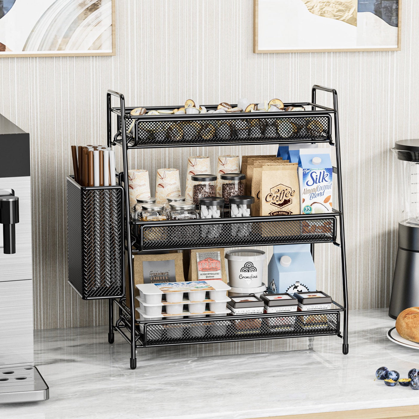 Spice Rack 3-Tier Countertop Organizer with Removable Side Basket, Sturdy Carbon Steel Mesh Storage Shelf for Bathroom and Kitchen, No-tool Assembly