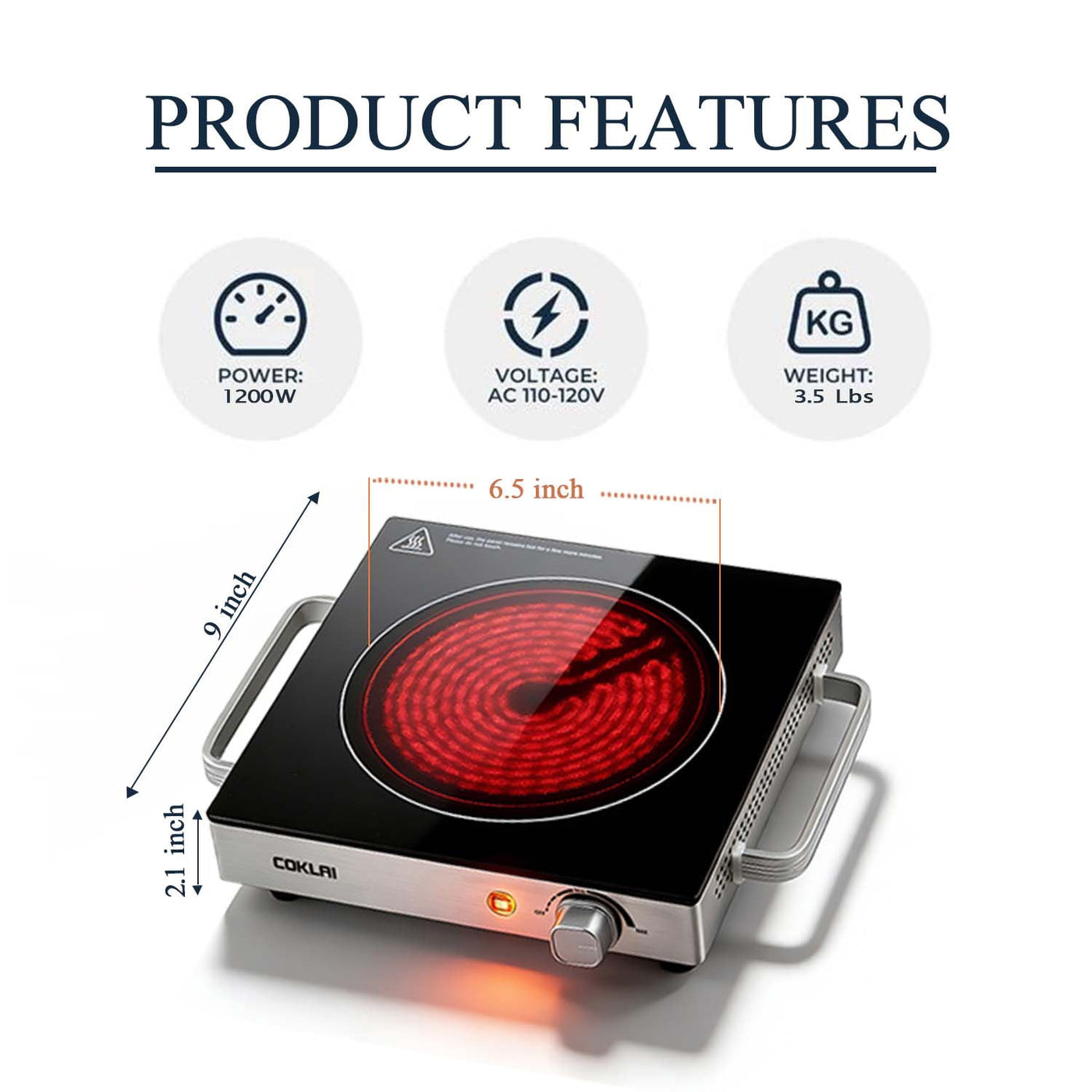 Glass Electric Hot Plate, Portable Single Burner with Adjustable Temperature, Easy-clean Surface, Compact Cooktop for Kitchen, Dorm, RV and Camping