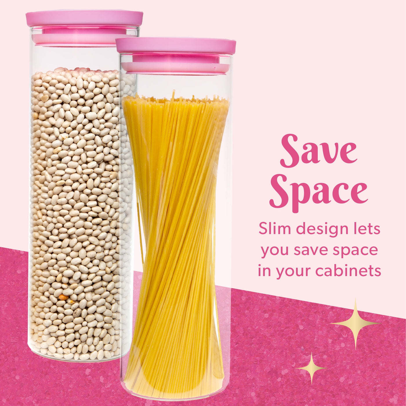 2-Piece Glass Food Storage Canister Set with Lids, Kitchen Containers for Flour, Sugar, and Pasta, 7 Cup Capacity, Pink