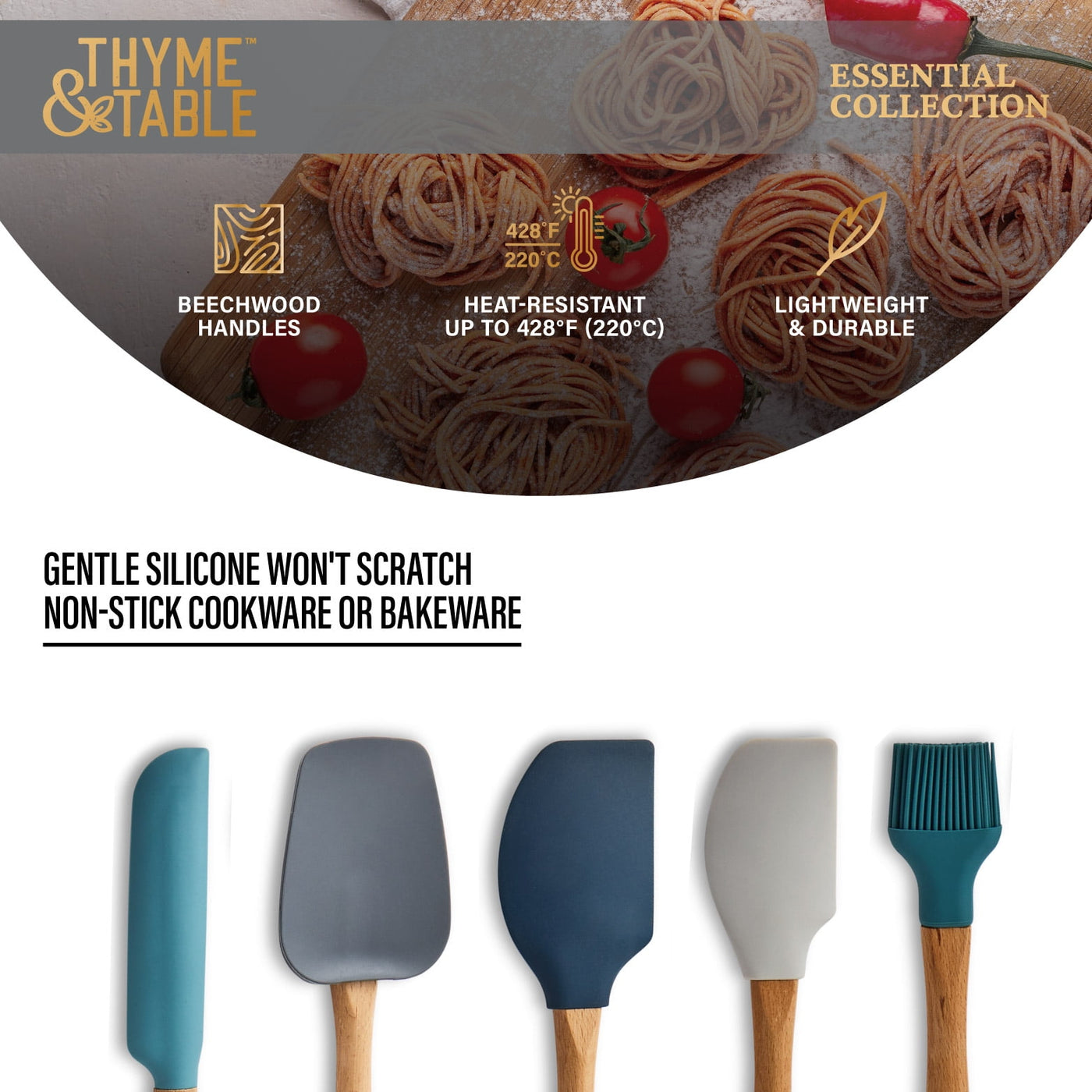 5-Piece Silicone Kitchen Utensil Set with Beechwood Handles, for Cooking, Mixing, Serving and Nonstick Cookware