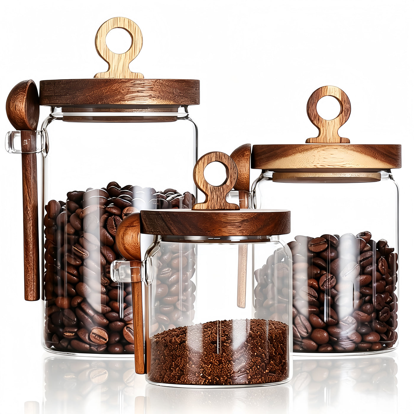 3-Pack Glass Coffee Storage Jars with Pull Ring Wooden Lids and Attached Spoons, Airtight Clear Glass Canisters with Wood Scoop Holder for Coffee
