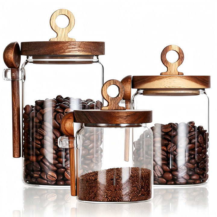 3-Pack Glass Coffee Storage Jars with Pull Ring Wooden Lids and Attached Spoons, Airtight Clear Glass Canisters with Wood Scoop Holder for Coffee