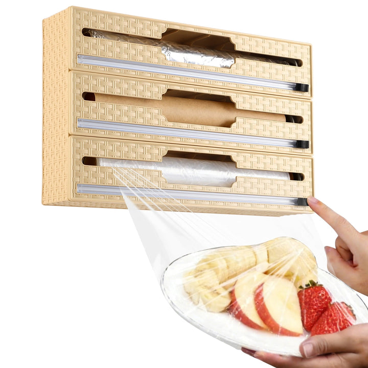 3-in-1 Plastic Wrap Organizer, Wrap Dispenser with Bi-directional Cutter for Aluminum Foil Baking Paper Wax Paper