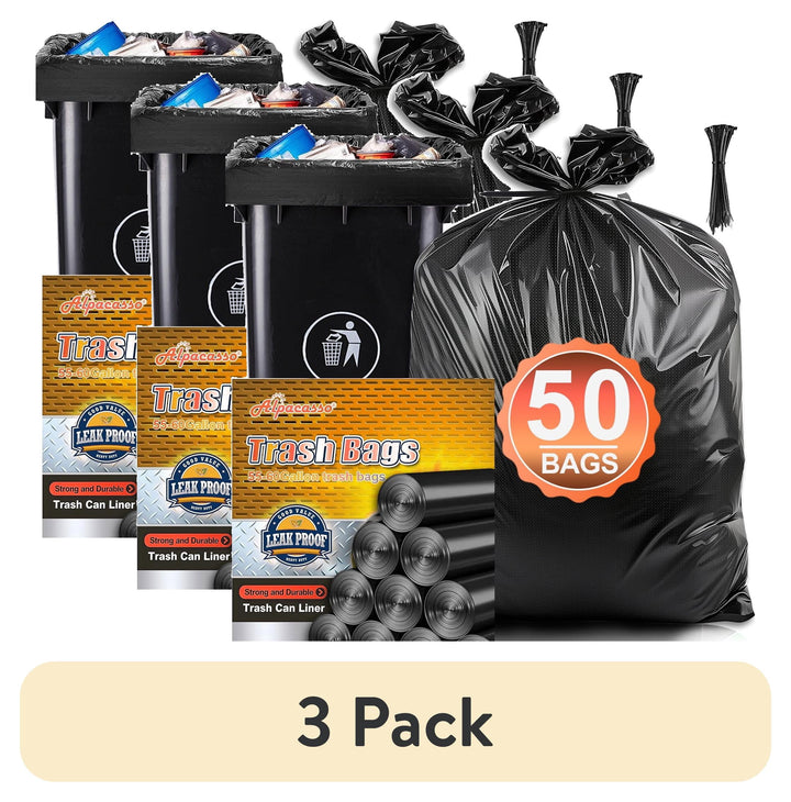 (3-pack) 55 Gallon Trash Bags (50 Count)1.5 Mil, Heavy Duty Outdoor Garbage Bags for Office, Waste, and Storage Use
