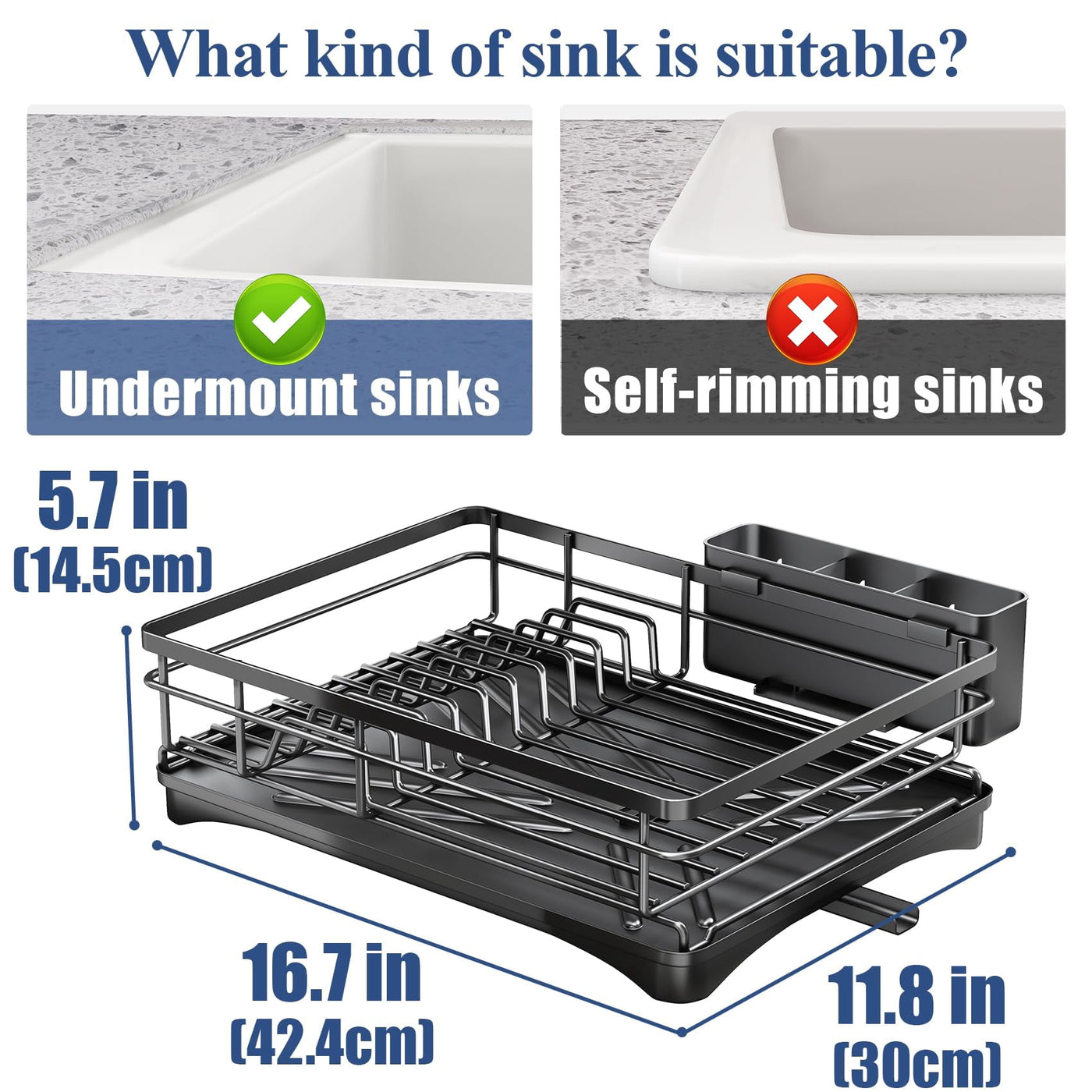 Metal Dish Rack with Utensil Holder and Drainboard, Anti-rust Kitchen Organizer, Black, for Cooking, Mixing, Serving and Nonstick Cookware