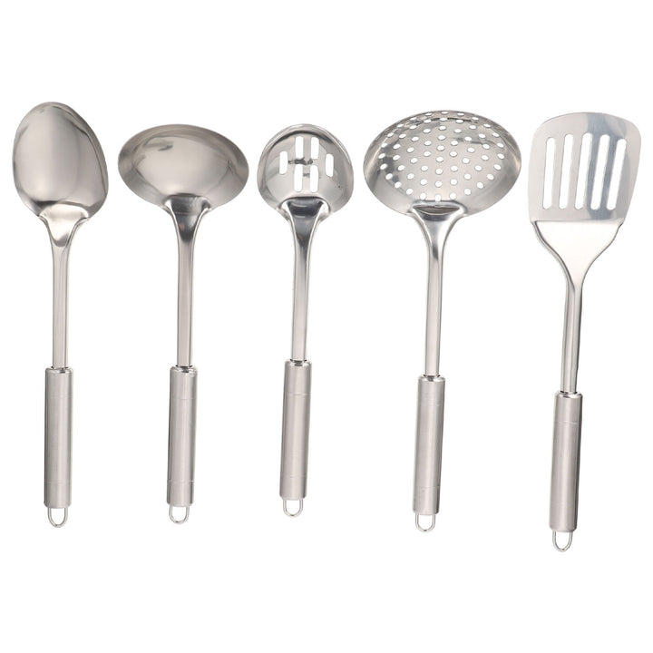 304 Stainless Steel Kitchen Utensil Set, 5-Piece, Ergonomic Stay-cool Hollow Handles, Dishwasher Safe, Silver