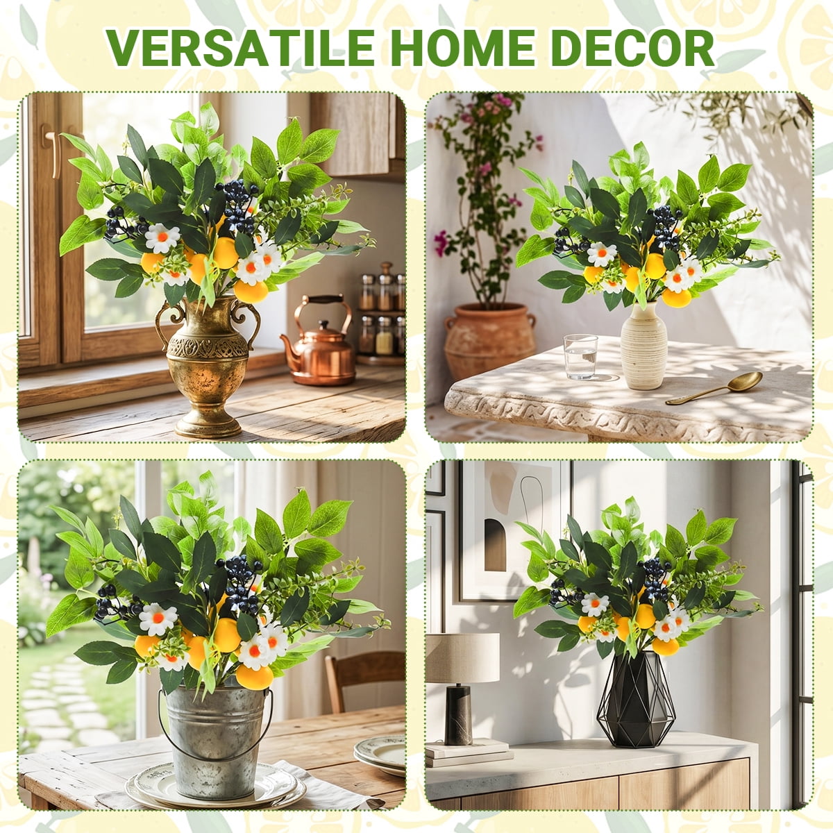 Artificial Lemon and Blueberry Picks with Eucalyptus Leaves 4-Pack 12" Summer Fruit Branch Decorations for Home, Kitchen, Vase, Table