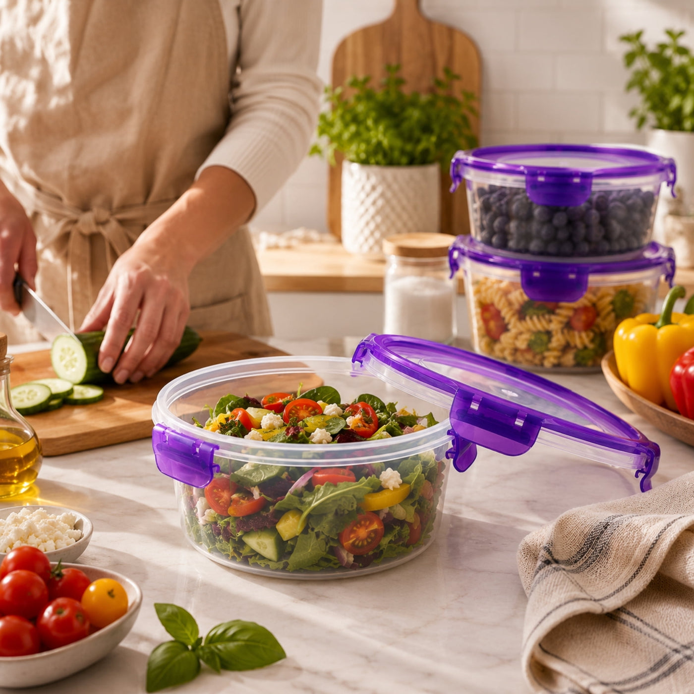 (2) Round Food Storage Container with Purple Locking Lid, 51 Oz Capacity BPA-FREE Reusable Meal Prep Bowl