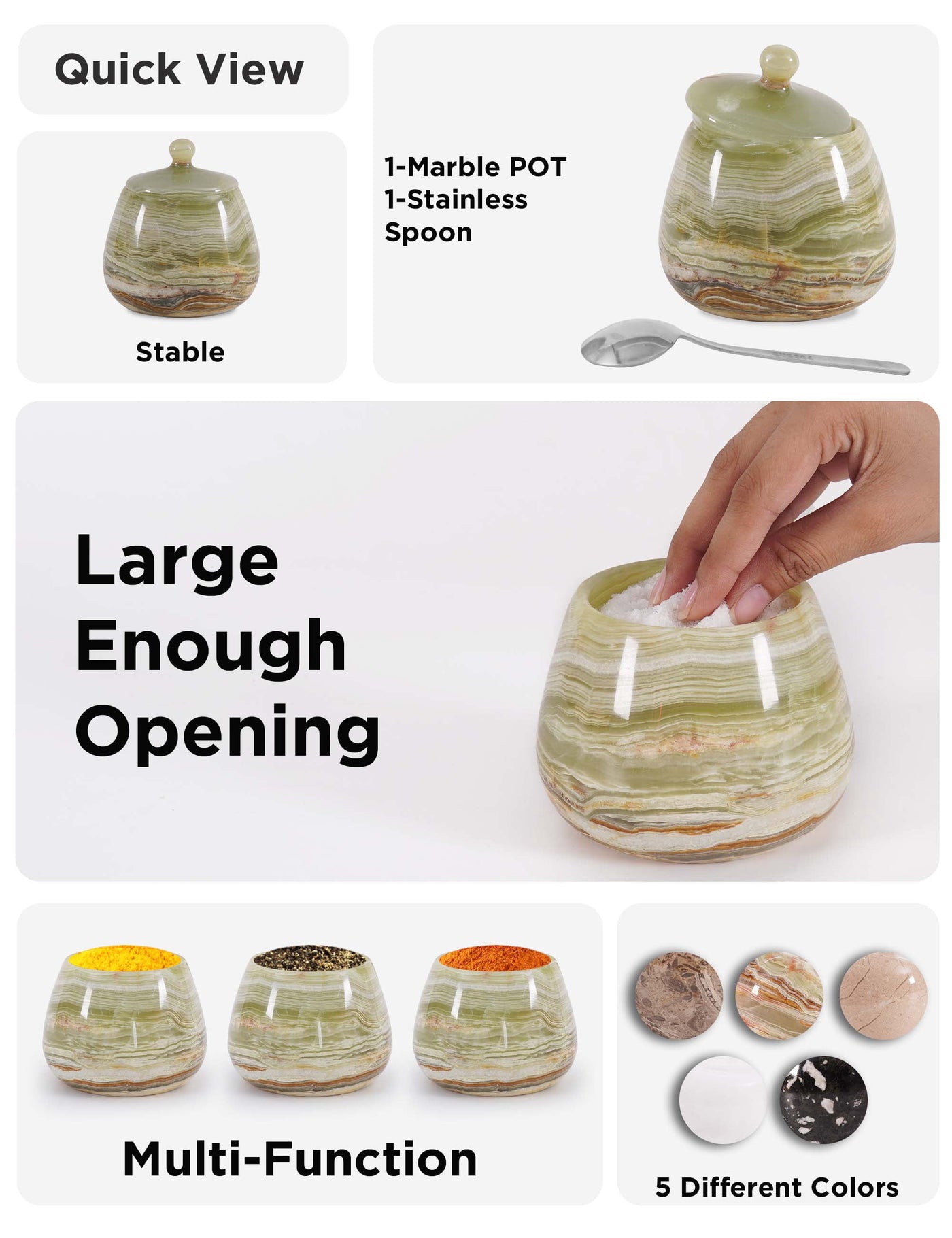 Marble Salt Cellar with Lid 4.5 Inch Green Onyx Salt Jar and Table Salt Storage for Kitchen Countertop, Ideal Salt Container