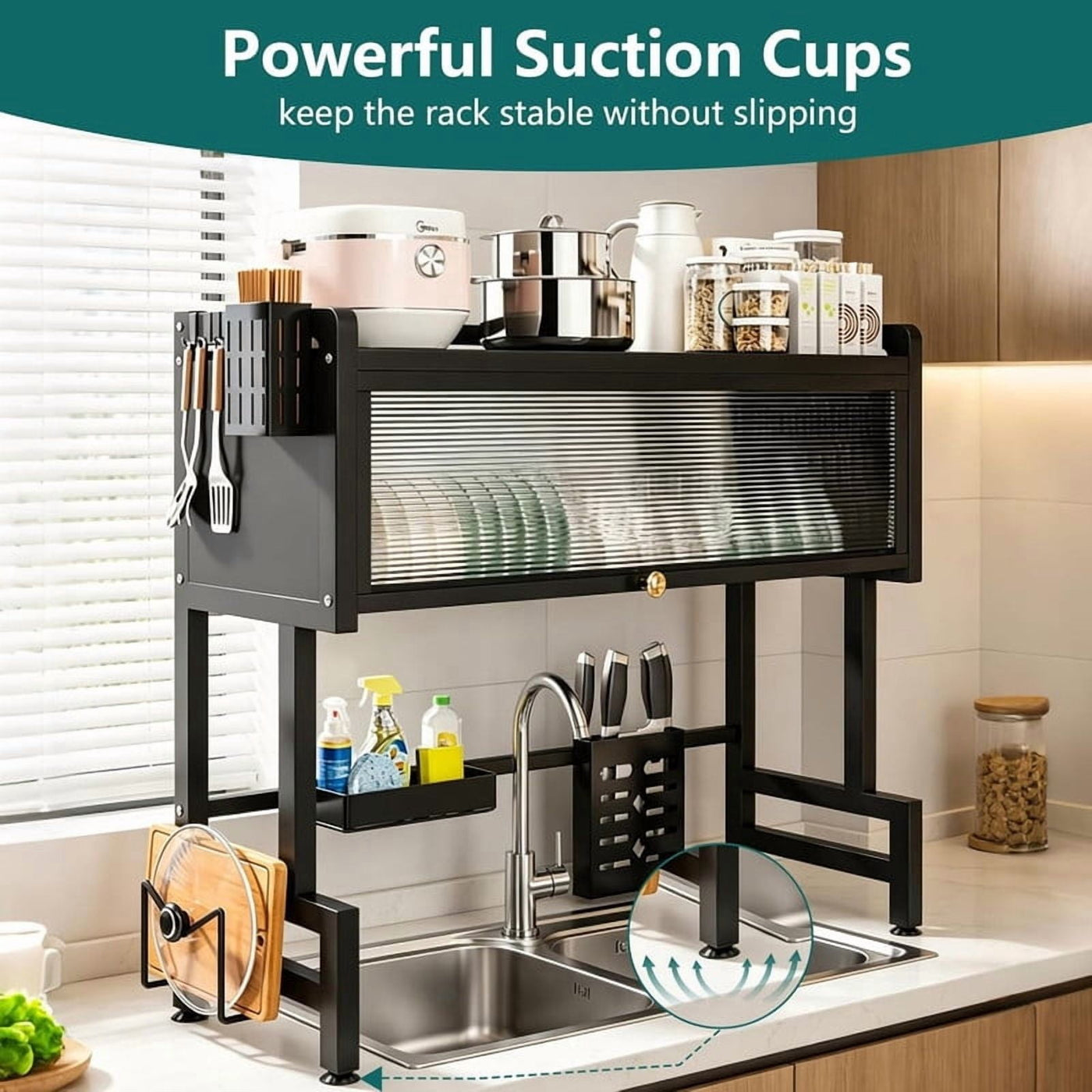 Over The Sink Dish Drying Rack, 3-Tier Carbon Steel Kitchen Storage Cabinet with Cover, Heavy-duty Large Capacity Dish Drain Shelf for Kitchen Sink